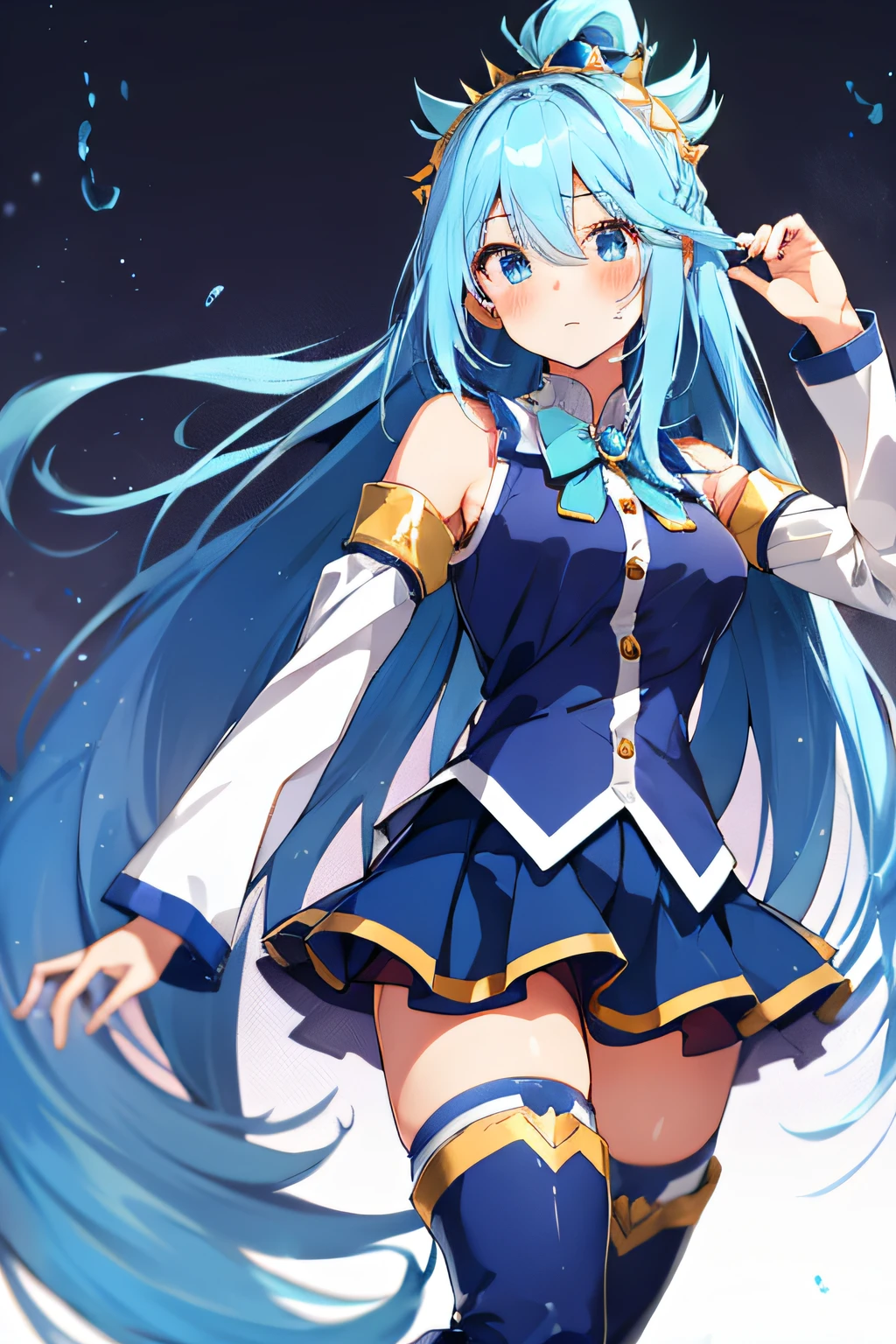 Aqua, Goddess, high quality, 1 girl, Blue eyes, Blue footwear, Blue hair, Blue thighs, Blush, Boots, Chest, Foam, Separated sleeves, Hair ornament, Hair ring, Long hair, Medium breasted, Single hair ring, Skirt, Solo, Standing, Thigh boots, Very long hair, White thighs, Simple background, high quality, high resolution.