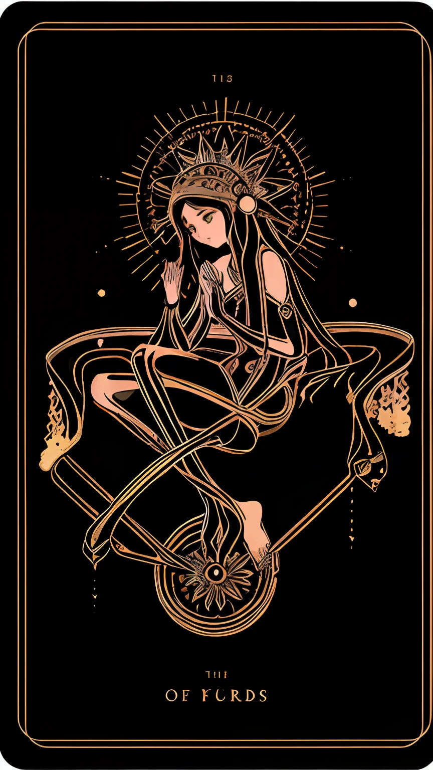 Une carte de tarot noire et dorée，Une femme est assise sur des roues, conception de tarot, cartes de tarot, très détaillé + cartes de tarot, art nouveau tarot style, chaman art déco, cartes de tarot, conception de tarot, Cartes de Tarot de la Prêtresse de Jeune Fille, carte de tarot déesse de la mort, illustration de tarot symétrique, style de carte de tarot, Cartes de Tarot Fille, Jeunes Filles du Tarot，La jeune fille a prié avec ses mains jointes，regarde le spectateur