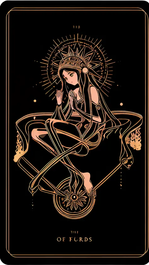 A black and gold tarot card，A woman sits on wheels, tarot design, tarot card art, high-detail + tarot cards, art nouveau tarot s...