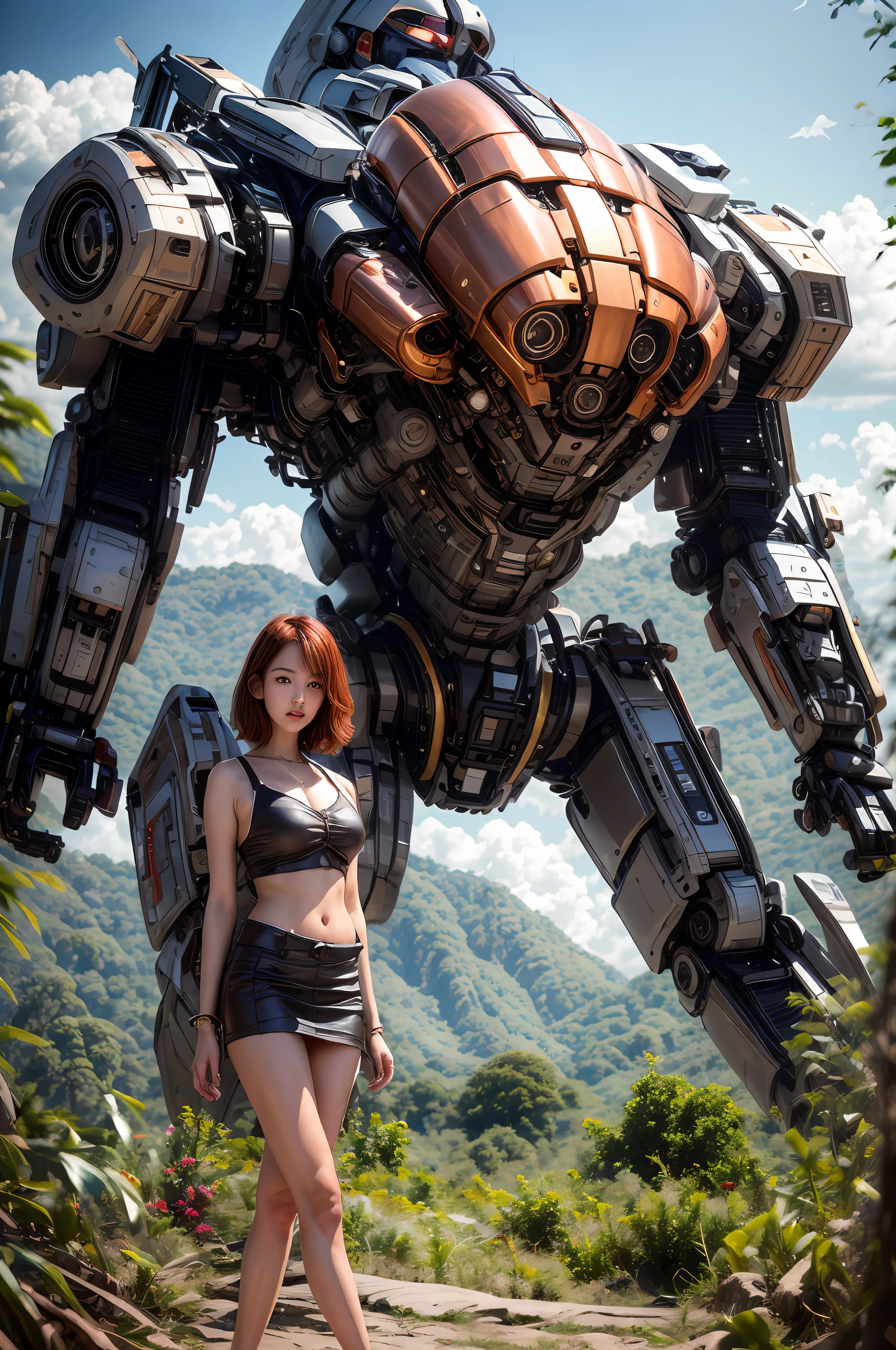 ，
shitu-mecha，Photo of a beautiful redhead woman with short hair next to a huge robot, lace bra, minskirt, slender, flirting with the camera, from side
masterpiece, detailed clothes, best shadow, detailed face, (blurry:1.4), muted colors, (photorealistic:1.3), poor quality photo, evil,
huge robot, robot wings, copper and metal, in the jungle, red lips, leather skirt, metalic face