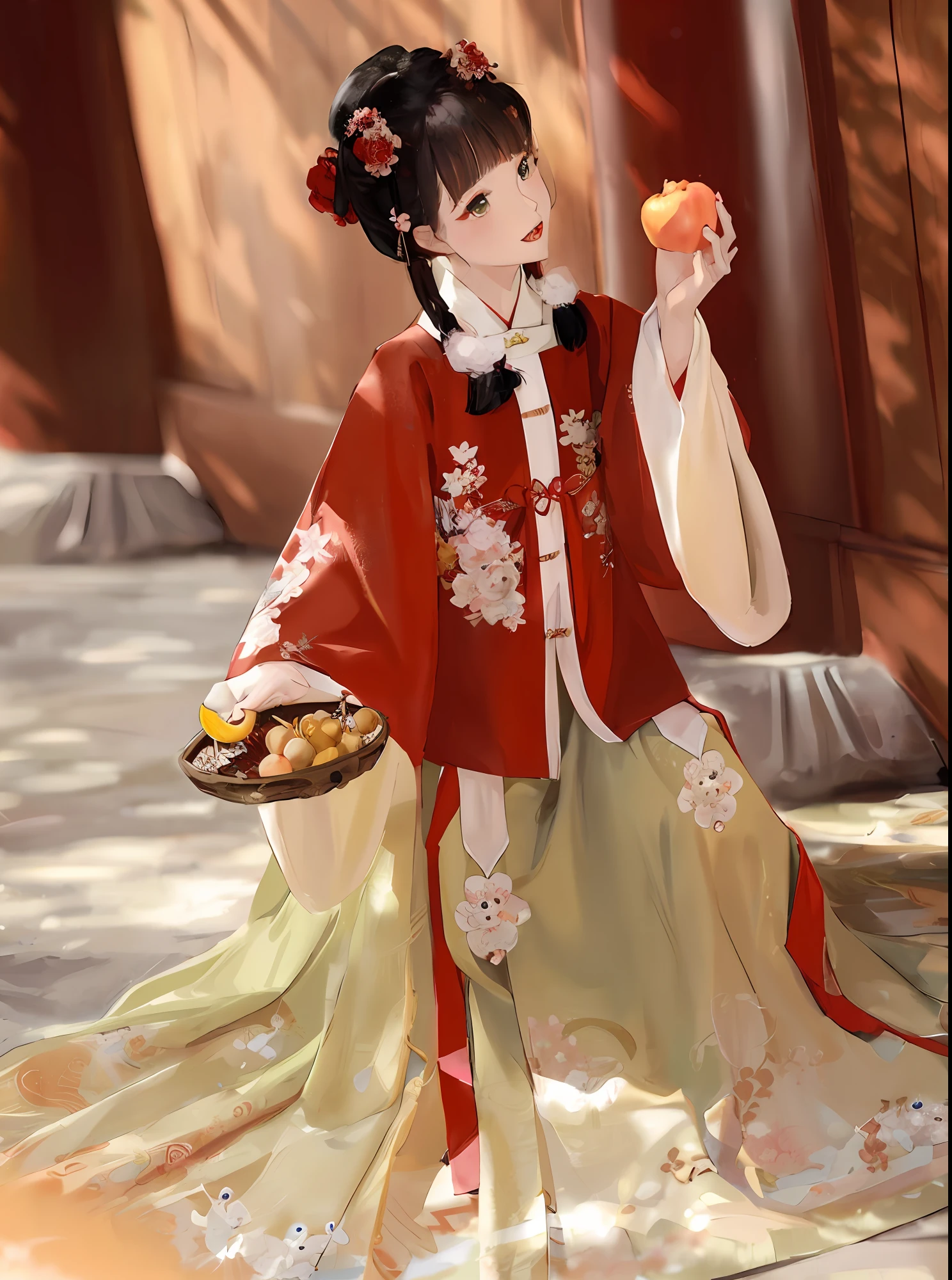 기모노 드레스를 입고 과일 조각을 들고 있는 여자가 있어요, 대전 ， A girl in 한푸, 한푸, 고대 중국 옷을 입고, 중국 전통 의상, 고대 중국 옷을 입고, 꽃무늬의 빨간 기모노, White 한푸, 중국 의상, 화려한 실크 옷을 입고, 중국어 번체, 전통 의상, 중국 스타일, 전통 의상, 중국 복장