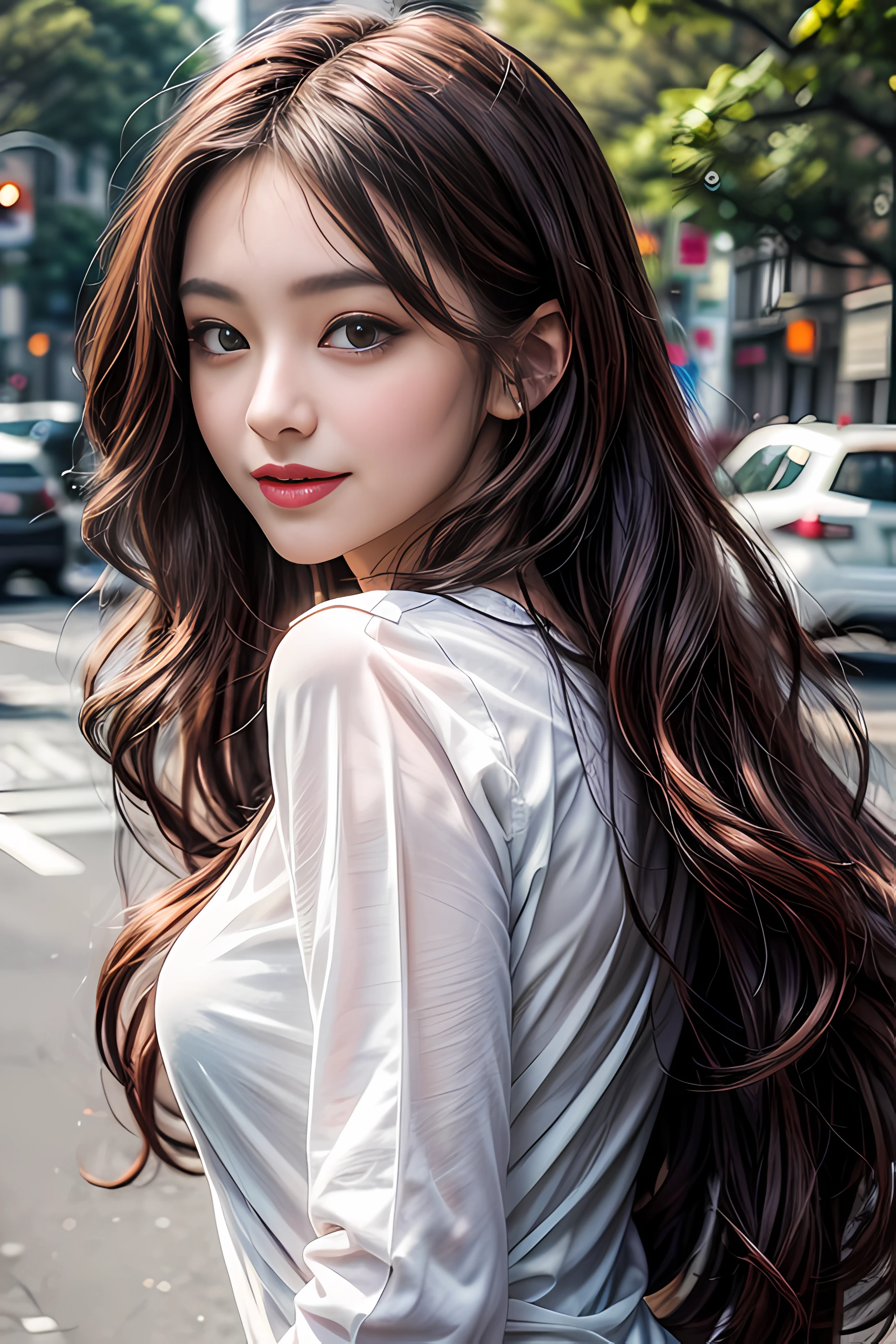 detailed eyes, detailed face, best quality , smile, (facing front), looking at viewer, white shirt, sunny day, outdoor, 1girl upperbody, dark purple red chocolate color hair dye, long way hair, thin hair, long wave hair, wavy hair, ombre hair, curly hair