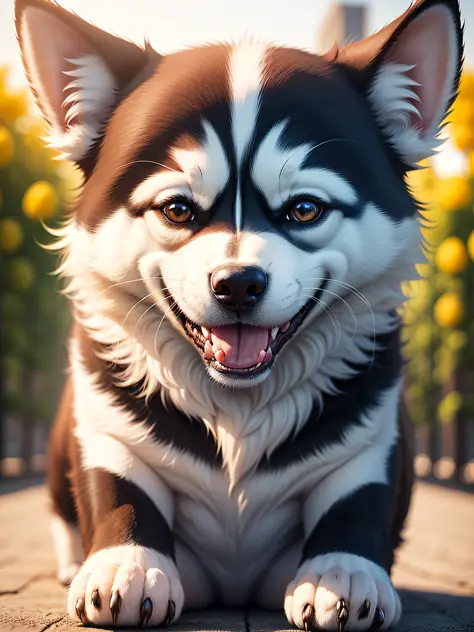 A cute husky dog is playing，parque，close-up of the private parts，high-definition，8K，Digital photos，Be authentic ，Hair，glowing with，3D，smiled，mischievous，Cartoony --auto