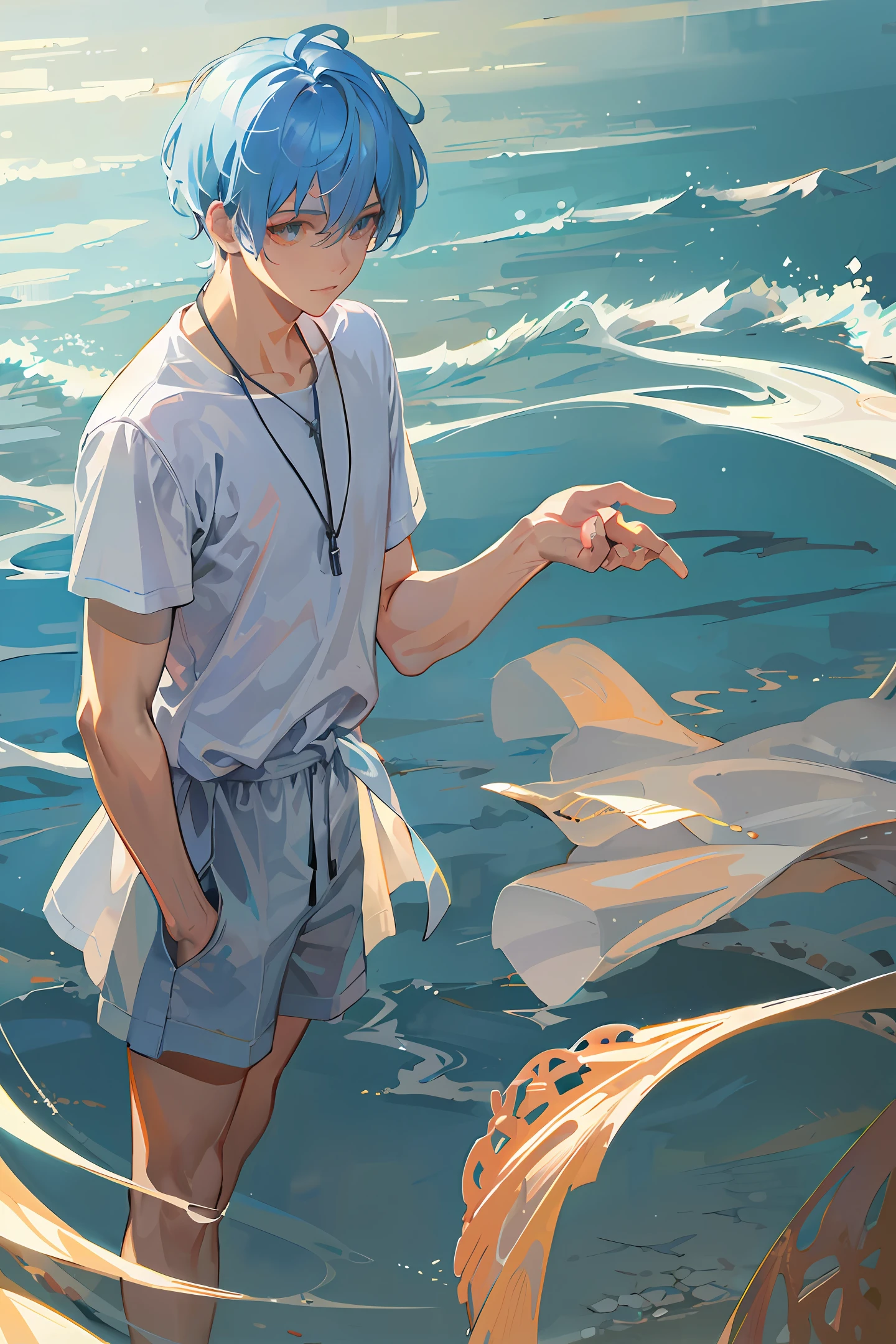 Anime boy in blue hair standing in the water with a fish - SeaArt AI