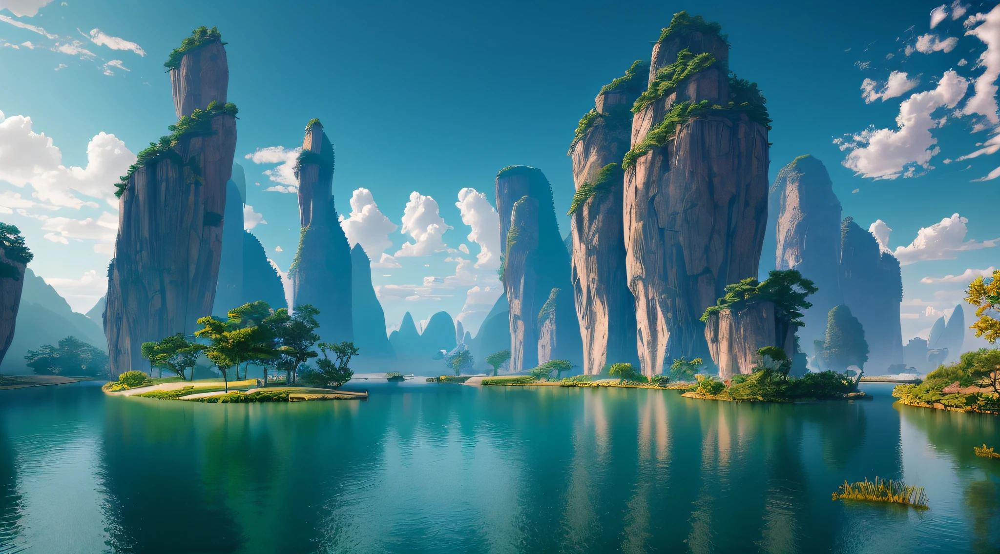 master-piece，Chinese landforms，the best qualityt，high quailty，extremely detailed CG Unity 8k wallpapers，scenecy，out door，The sky，aoyama，（Inspired by Zhangjiajie）clouds，without humans，River（Large water surface area），Tress，a blue sky，cliff，Naturally，lakes，rivers，depthoffield，HDR，bloom，Color Aberration，Realism，big breasts very detailed，Trends on Artstation，Trends on CGSociety，intricated，highdetailed，Dramatic，Midjourney art