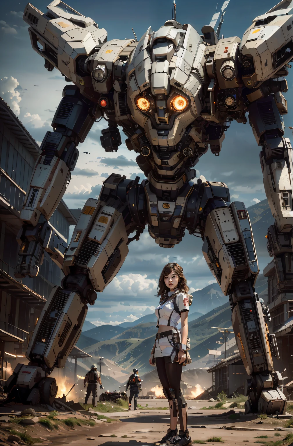 beautiful face，shitu-mecha，((masterpiece, best quality)),illustration,ultra detailed 8k,photorealistic,sharp focus,highly detailed,professional lighting,colorful details,iridescent colors BREAK extreme long shot of a battle field,large mechanical robot construction,microchip,computer,glowing,intricate details,1girl is standing in front of the audience,