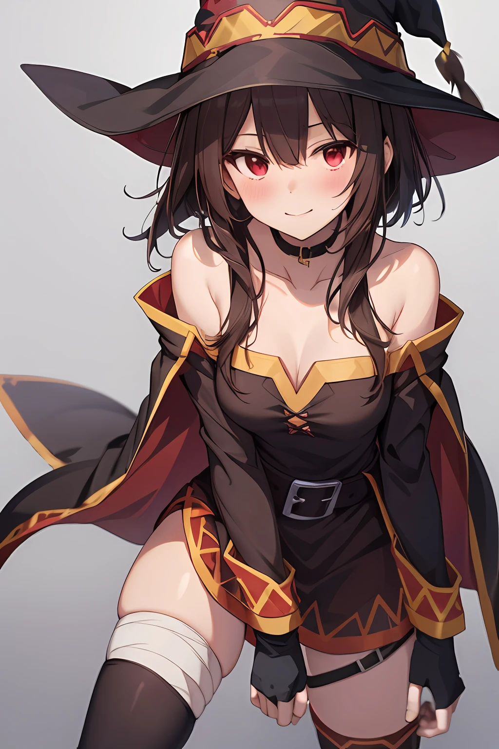 Megumin, Verrückter Zauberer, 1 Mädchen, Allein, Hexen Hut, braune Haare, Lange kurze Haare, rote Augen, erröten, böses Lächeln, schwarzes Halsband, Schlüsselbein, FLACHE BRUST, Off-Shoulder-Kleid, rotes Kleid, Brauner Umhang, lange Ärmel, schwarze Handschuhe, fingerlose Handschuhe, brauner Gürtel, Goldbesatz, (Asymmetrische Beine: 1.4), Unübertroffene Beinbekleidung, (bandagierte Beine: 1.3), schwarze Oberschenkel, (Arme hinter dem Rücken: 1.3), Einfacher Hintergrund, gute Qualität, Hohe Auflösung. ((draußen))