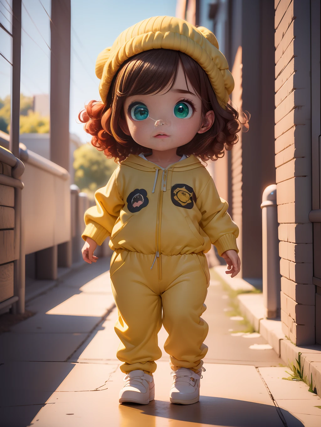 beautiful little girl,red curly hairs,Swimwear  , chubby,green eyes,use burrows beret,yellow,cold and occluded,esculo,red,dark lens,use of little monkey Jean, realistic high 3D cartoon style full body dynamic lighting in a .colorful scenery,in a 4k,8k photographic pose.