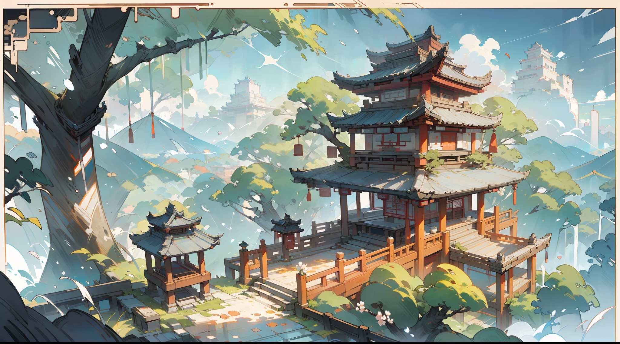 골동품 게임 장면 디자인，거대한 나무，꽃무늬，푸른 하늘，흰 구름，중국어 수묵화 높은 각도 보기 OC 렌더링 조각 --s 750 --niji 5