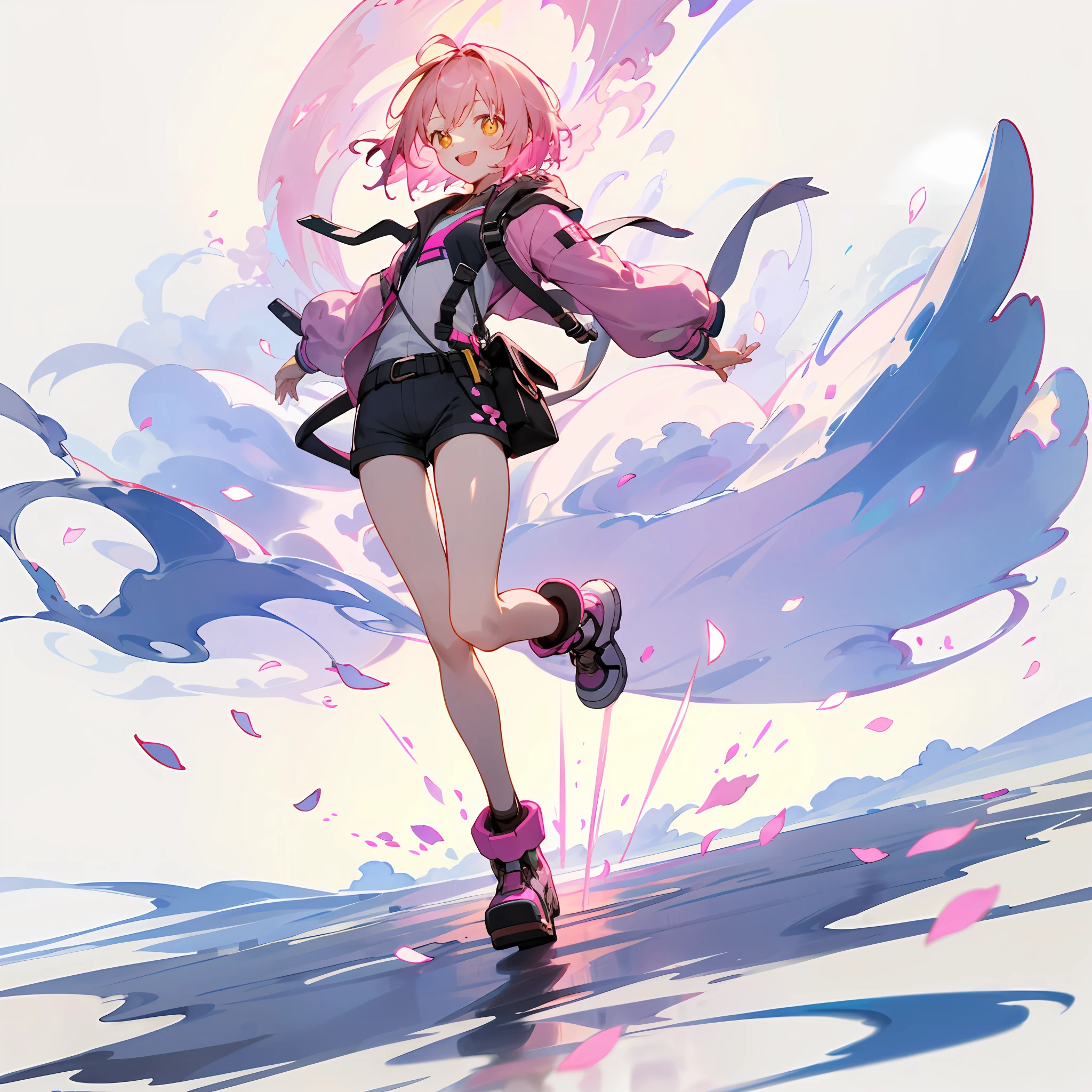 [（Pink cloud background)]，[(White background:1.5)::5]（isometric：1.0），simplebackground， 1girls， Midshot， (full - body)， Cloud waves， Light source splash， heavens， light particules， （arma\）,pink short hair，Near-future cyberpunk jacket，Golden eyes，Bounce，Standing painting style，Short girl，Cutes，Open your mouth and smile，dynamism，hotpants，Dynamic，One leg bent，Jump up，Fluttering petals，Shoulder cross-body bag