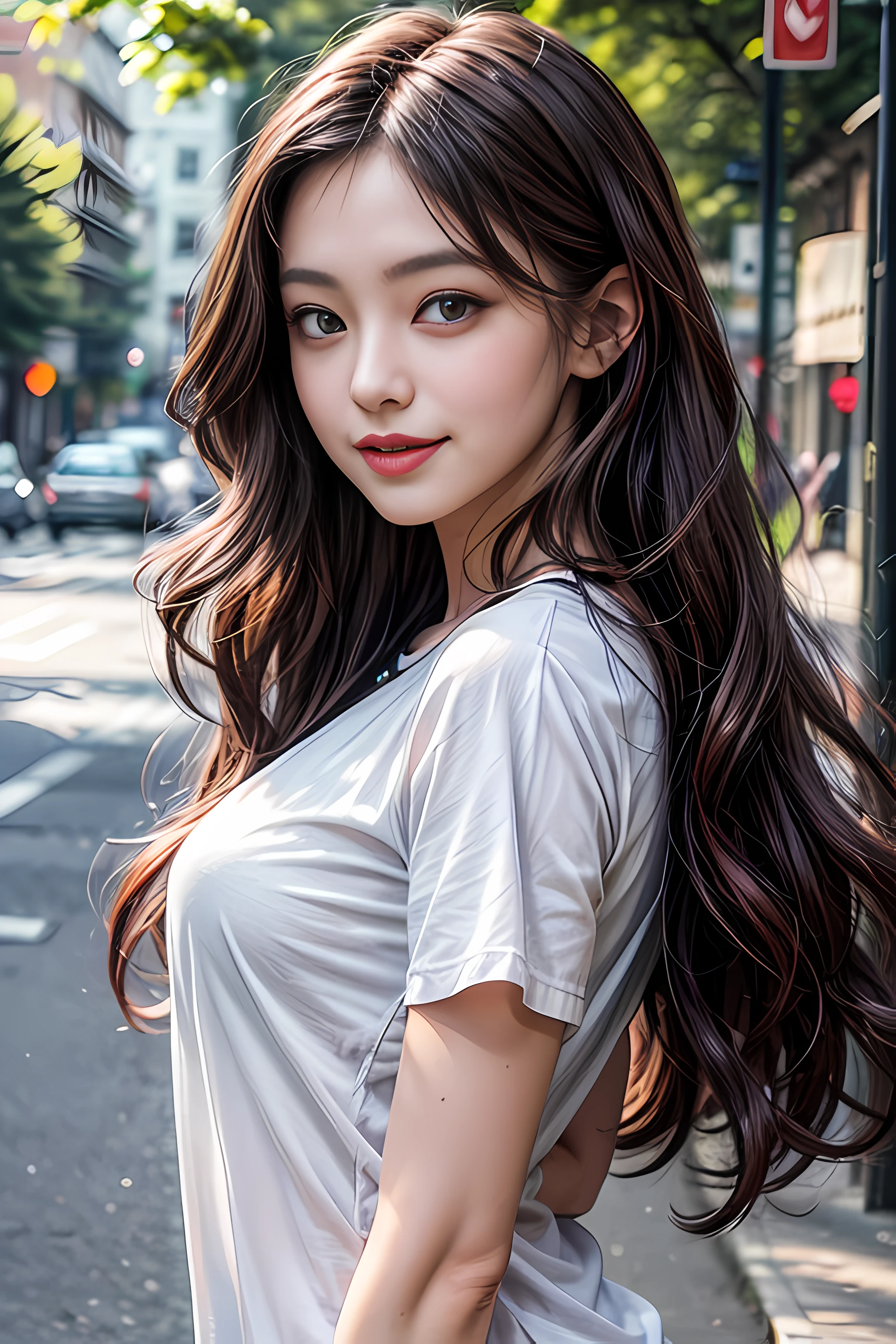 detailed eyes, detailed face, best quality , smile, (facing front), looking at viewer, white shirt, sunny day, outdoor, 1girl upperbody, dark purple red chocolate color hair dye, long way hair, thin hair, long wave hair, wavy hair, ombre hair, curly hair