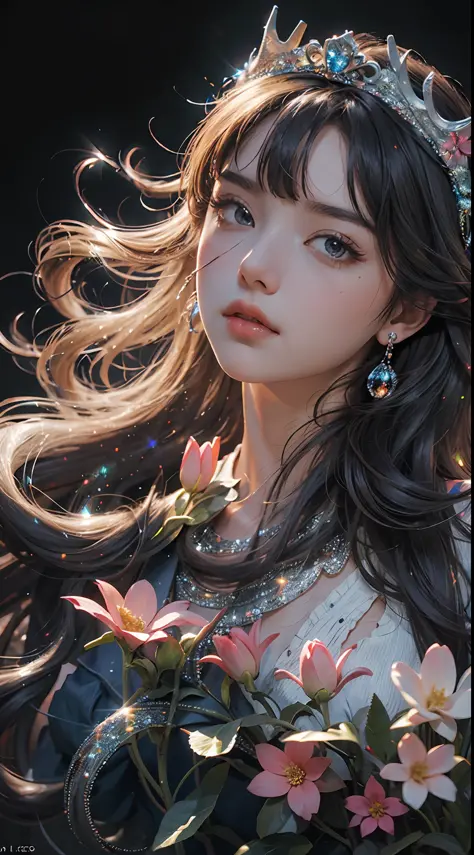 （Abstract Art：1.4）， The Masterpiece， beste Quality， ultra-highresolution， 1girls， flower tiara，Nice face，Nice lighting on black background，The character style rendered by Octane，gorgeous sacred girl，Floating hair