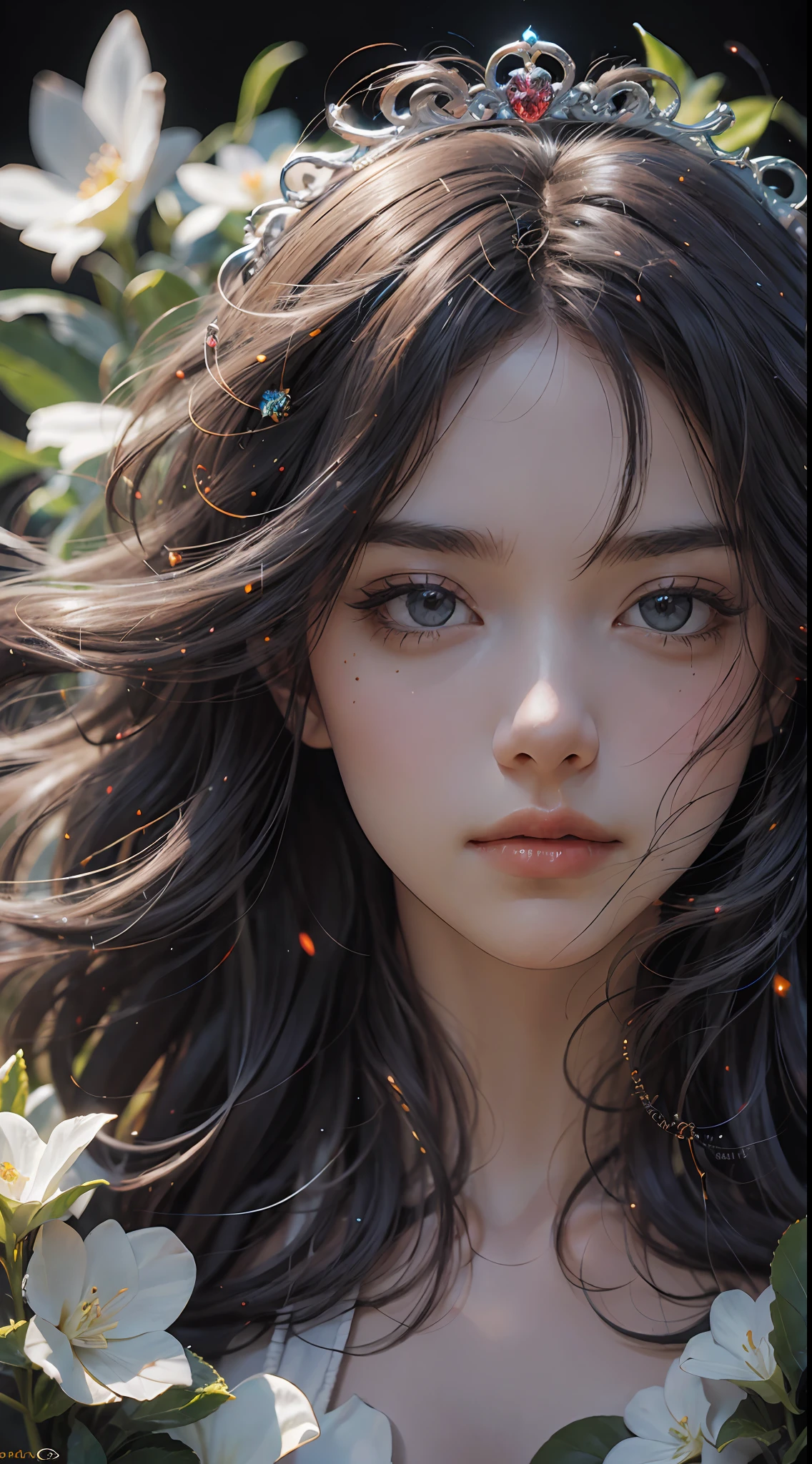 （Abstract Art：1.4）， The Masterpiece， beste Quality， ultra-highresolution， 1girls， flower tiara，Nice face，Nice lighting on black background，The character style rendered by Octane，gorgeous sacred girl，Floating hair