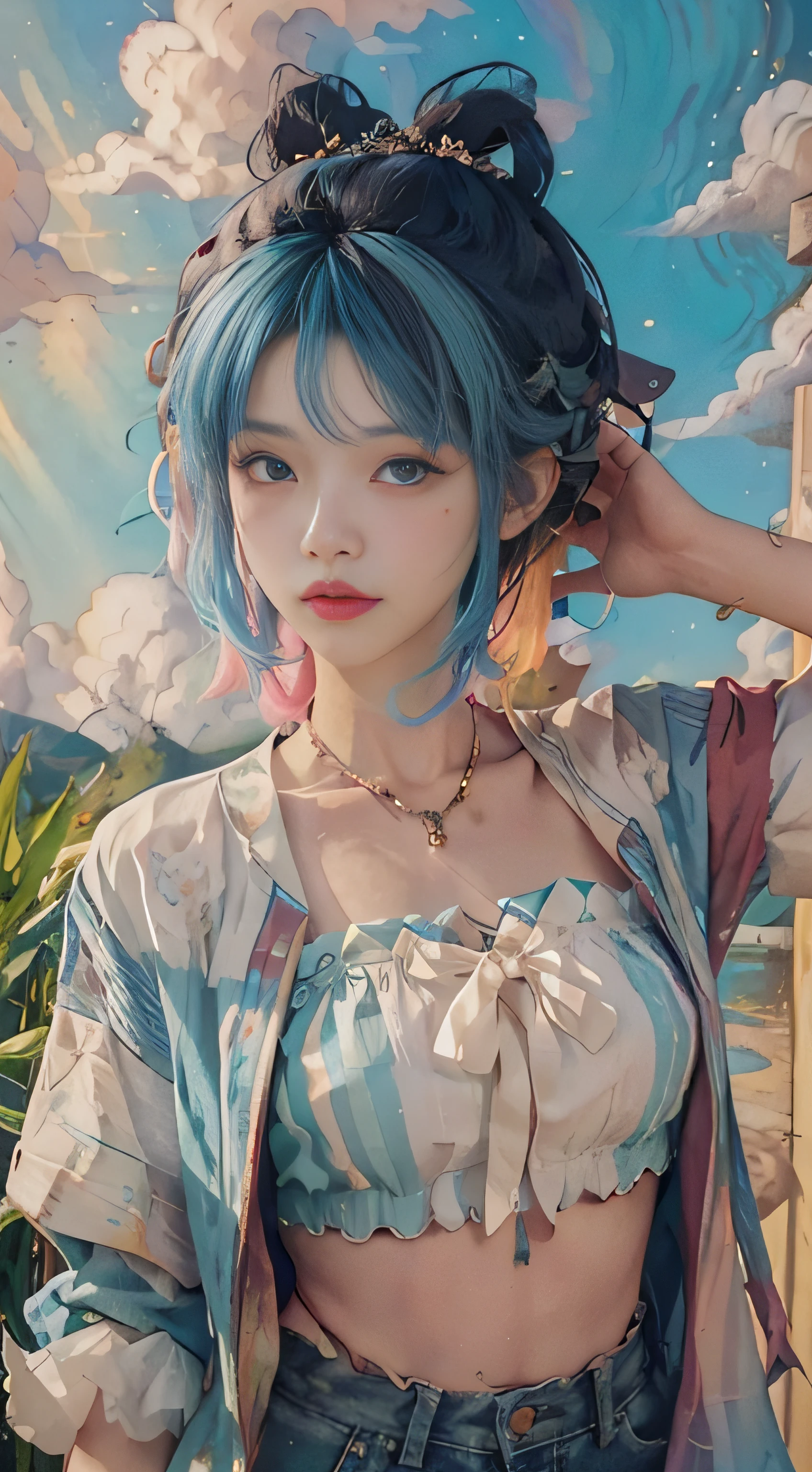 ((Beautiful detailed face)),((Colored hair)),((Striped hair)),(Gradient eyes),(Colored eyes)))),(White Cloud background))),(High saturation)))))(((Surrounded by colored paint)))((Bandeau))(((Bust)))), close-up of a woman in a blue jacket and shorts, she is dressed in street wear,, Neat rice seedlings in the field, forest, hillside, secluded, countryside, HD details, hyper detail,