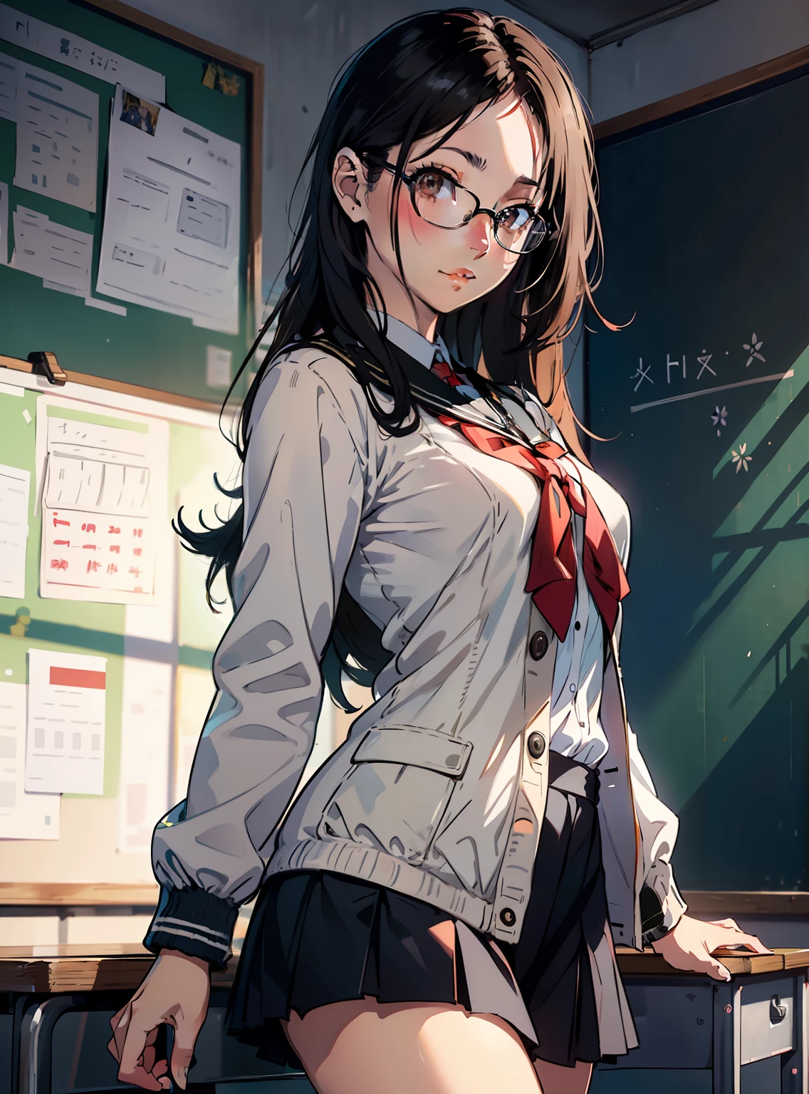 ((masterpiece,best quality)), highres, high resolution, depth_of_field, cowboy shot, solo, 1girl, kr1, brown eyes, long hair, blunt bangs, kibito high school uniform, sweater, pleated skirt, socks, small breasts, wearing glasses, classroom,