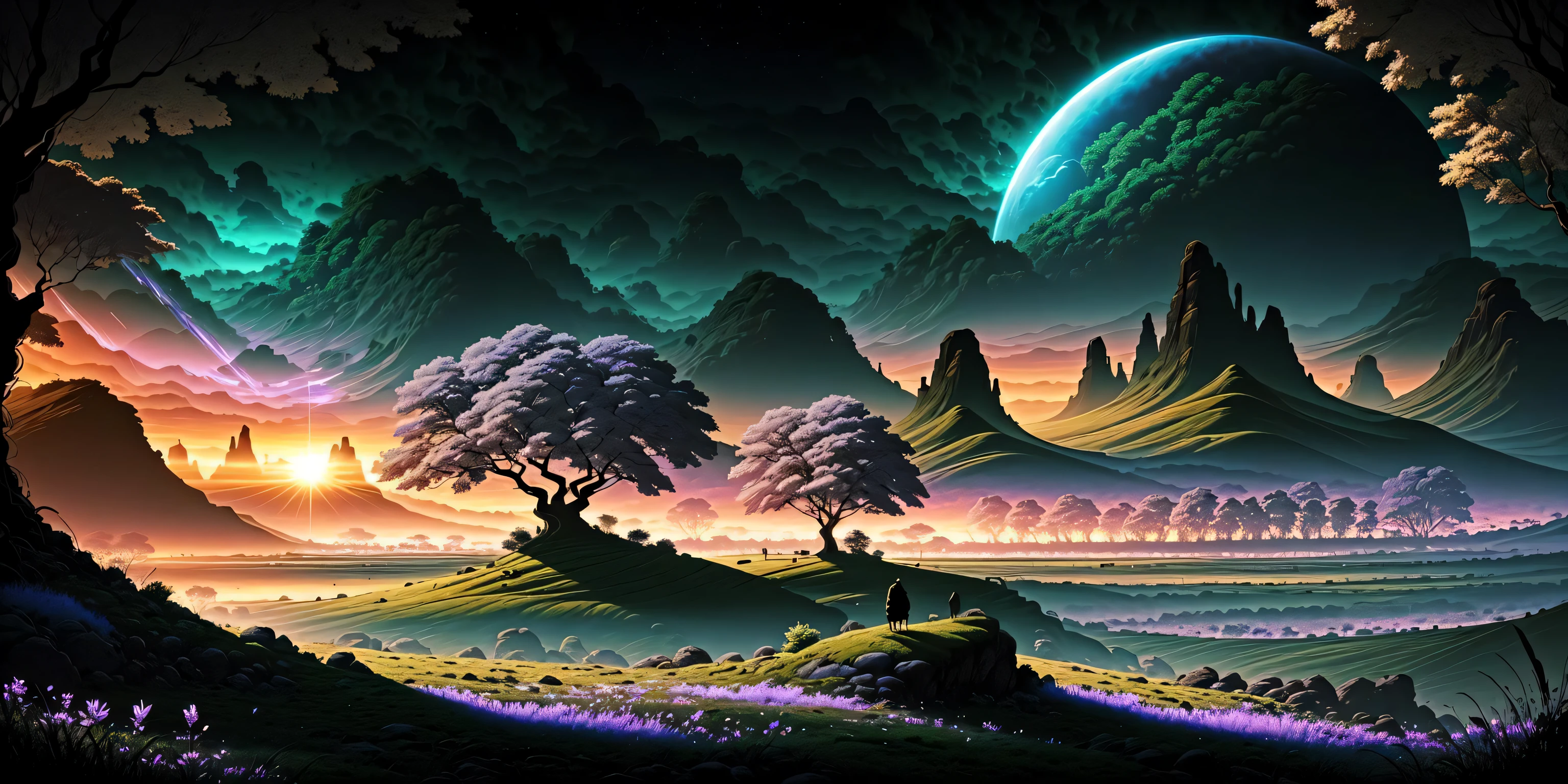 paisagem em um estranho planeta alienígena, sóis gêmeos, cores atmosféricas, Campos, árvores ao fundo, folhagem densa, animais, pitoresco, foto, onda sintética