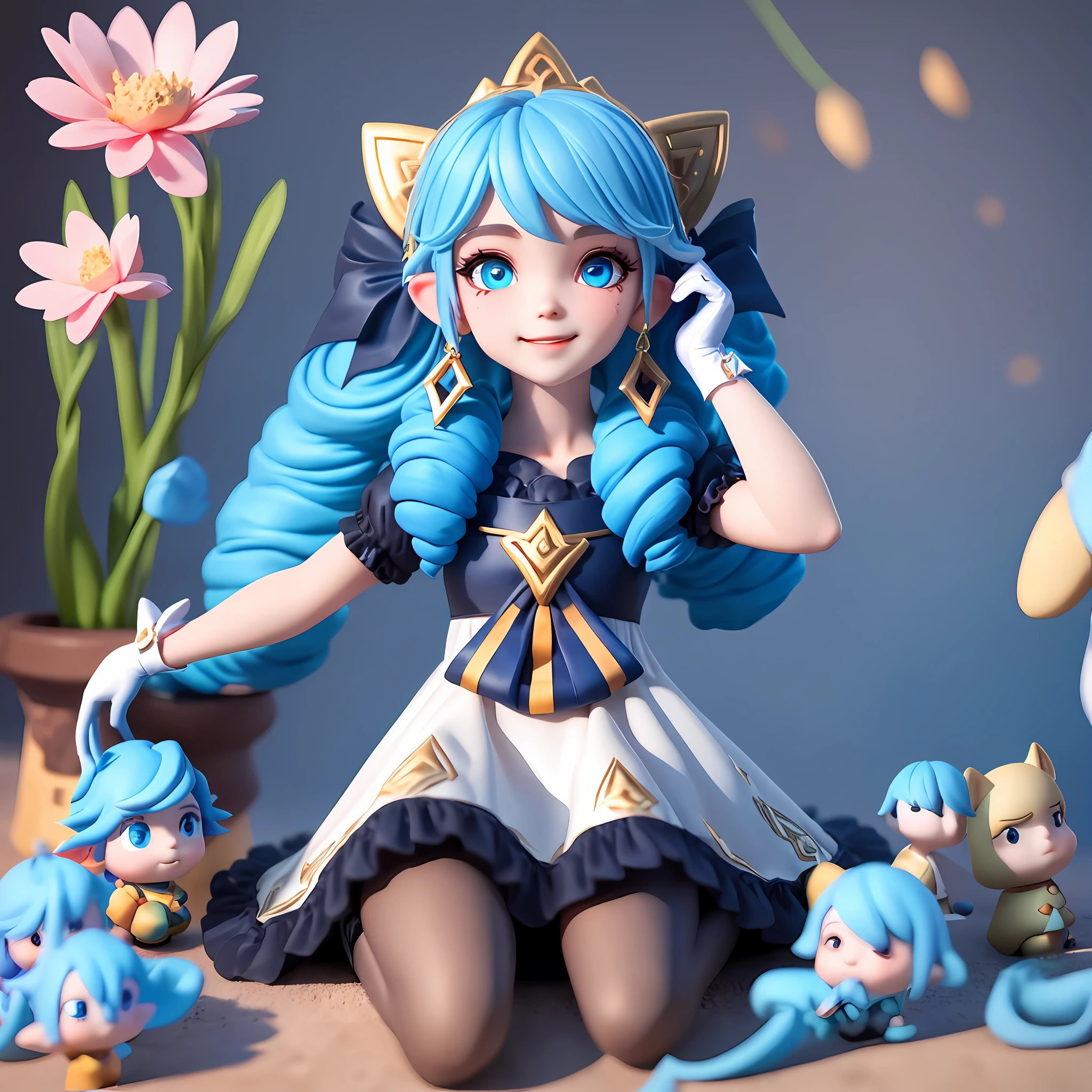 （1girls），Single person, Black bow, Black gloves, black legwear, blue eyes, Blue hair, clarkbone,Spiral braids， dress, Drill hair, Frilled dress, frils, mitts, gwen\(league of legend), hair accessory，high - resolution，League legendary，slong hair，Split lips，puff sleeves，Pink pupils，smiled，solo，White dress，x，x hair accessories，Lying down，Sit，inside room，semi naked，Delicate hair，Arm carving，Blue hair，blossoms，Delicate shoes，Depiction of facial features，Delicate facial features，Eye portrayal，Delicate hair，Popmart blind box，Clay texture，the golden ratio，Black and white background，natural day light，the best qualityt，ultra detail，3d art，C4D, OC renderer, 3d rendered, 8K，Various actions，Blushlush，Q version，Gnome，Round toot