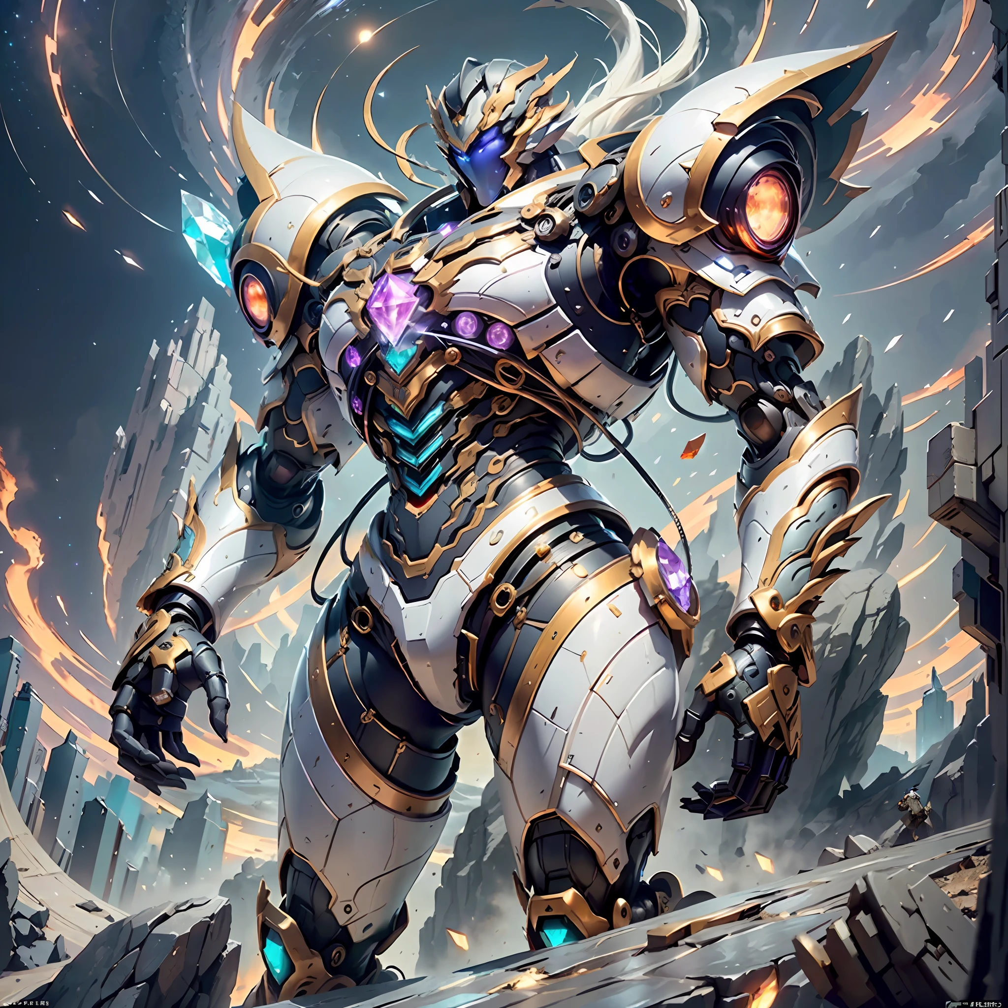 Ancient divine beast armor,Fighting posture,giant mech,(Smooth surface),(Stand on a cliff overlooking the night view:1.4),Cyberpunk city,White is the main color，Comes with bright decorative colors such as red and gold。There are powerful thrusters,(crystal:1.3),(((Masterpiece))),(((Best quality))),((hyper detailed))((Extremely detailed CG)),((16K resolution))((An extremely delicate and beautiful)),{Photorealistic},Full of detailed light blooms,A masterpiece from the Canon EOS R6 shooting,((The Masterpiece)) ,Cinematic Lights,独奏,Unreal Engine 5,(distance view:1.5)