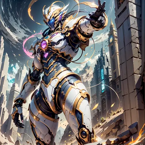 Ancient divine beast armor,Fighting posture,giant mech,(Smooth surface),(Stand on a cliff overlooking the night view:1.4),Cyberpunk city,White is the main color，Comes with bright decorative colors such as red and gold。There are powerful thrusters,(crystal:...