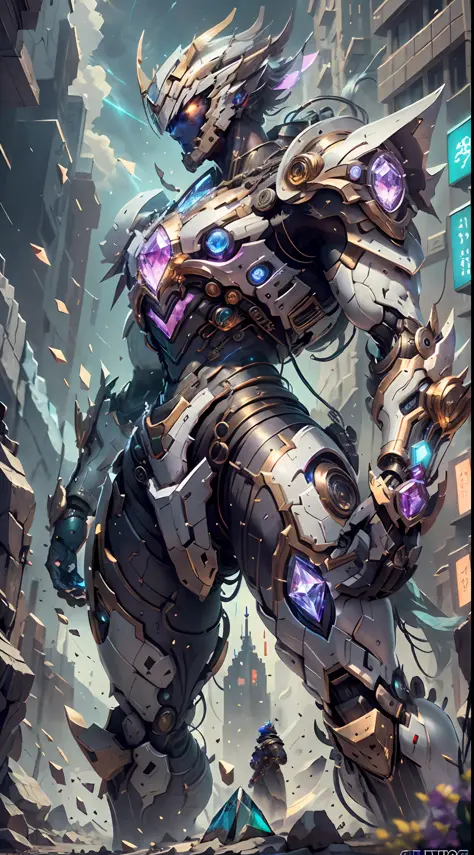 Ancient divine beast armor,Fighting posture,giant mech,(Smooth surface),Stand on a cliff overlooking the night view,Cyberpunk city,White is the main color，With red、Bright decorative colors such as blue and gold。There are powerful thrusters,(crystal:1.3),((...