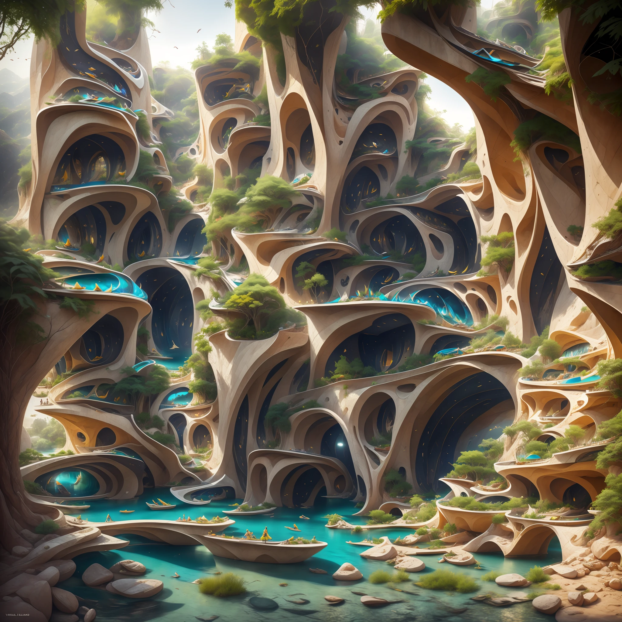 :an awesome sunny cheerful day environment concept art of Futuristic design of cave architecture interiors concept art on grand Canyon caves nature architecture, proportional,detailed, cave architecture nature meets futuristic architecture on a rainforest jungle cliff with huge waterfalls,Crepuscular rays, nature meets modern architecture in the style of Aries Moross, Rem Koolhaas,Daniel Libeskind, Jean Nouvel, Paolo Soleri,Toyo Ito and Philip Johnson with Dry brush drawing style ,Chiaroscuro village,cliff side residential area, mixed development,nature architecture,bright colors,high rise made up staircases, balconies, full of glass facades,carved from rocks, masterpiece, proportional, detailed, trending on artstation, beautiful lighting, realistic, intricate