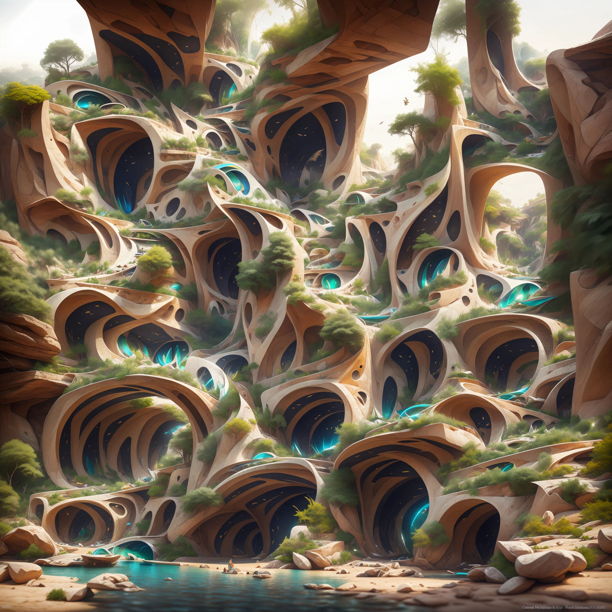 :an awesome sunny cheerful day environment concept art of Futuristic design of cave architecture interiors concept art on grand Canyon caves 自然建築, 成比例的,詳細的, 洞穴建築自然與未來建築在熱帶雨林叢林懸崖上的巨大瀑布相遇,暮光之光, 大自然與牡羊座莫羅斯風格的現代建築相遇, 雷姆·庫哈斯,丹尼爾·裡伯斯金德, 讓·努維爾, 保羅·索萊裡,伊東豐雄和菲利普·約翰遜的乾筆繪畫風格 ,明暗對比村,懸崖邊住宅區, 混合發展,自然建築,鮮豔的色彩,高層建築樓梯, 陽台, 充滿玻璃帷幕牆,由岩石雕刻而成, 傑作, 成比例的, 詳細的, ArtStation 上的熱門話題, 美麗的燈光, 實際的, 錯綜複雜
