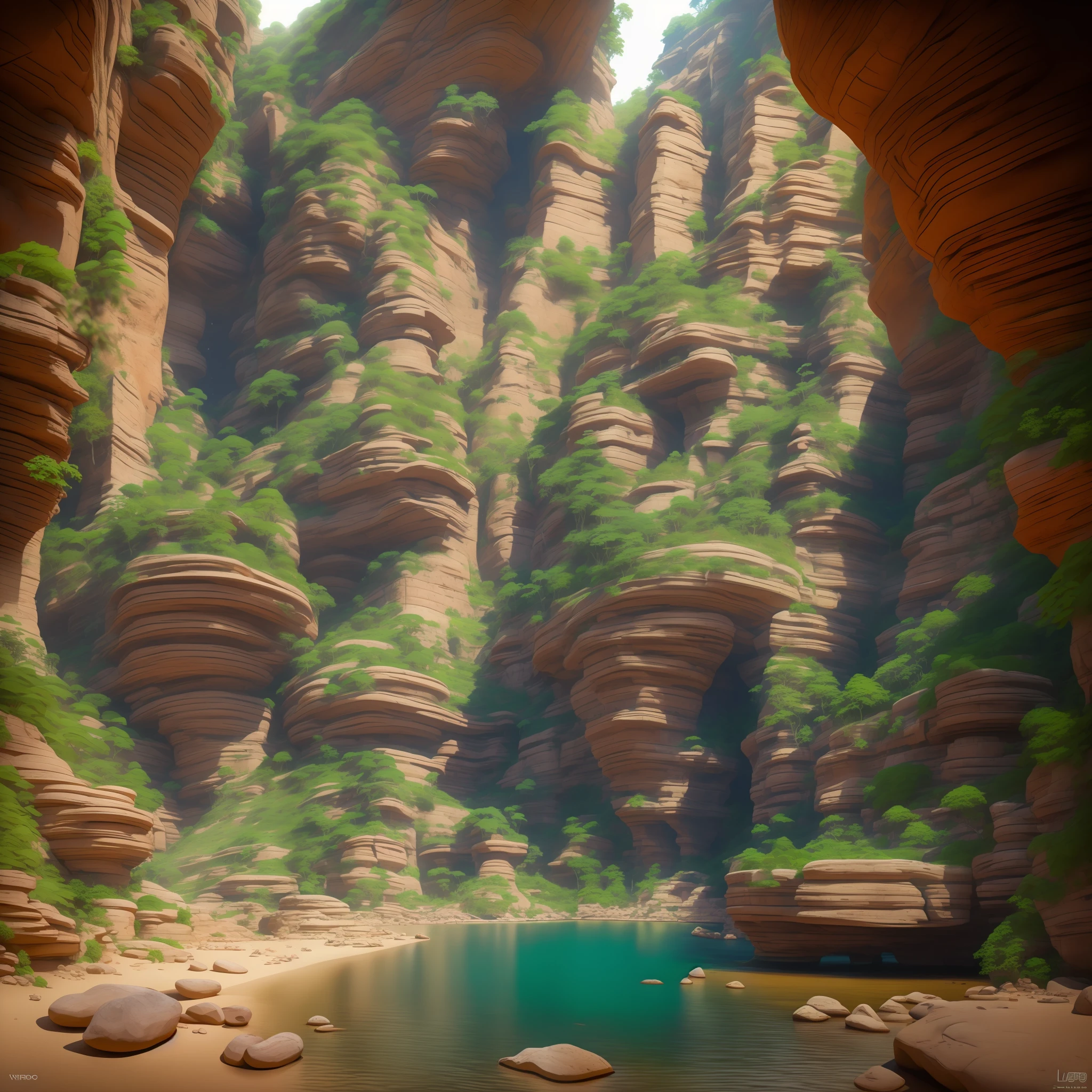 :an awesome sunny cheerful day environment concept art of Futuristic design of cave architecture interiors concept art on grand Canyon caves nature architecture, proportional,detailed, cave architecture nature meets futuristic architecture on a rainforest jungle cliff with huge waterfalls,Crepuscular rays, nature meets modern architecture in the style of Aries Moross, Rem Koolhaas,Daniel Libeskind, Jean Nouvel, Paolo Soleri,Toyo Ito and Philip Johnson with Dry brush drawing style ,Chiaroscuro village,cliff side residential area, mixed development,nature architecture,bright colors,high rise made up staircases, balconies, full of glass facades,carved from rocks, masterpiece, proportional, detailed, trending on artstation, beautiful lighting, realistic, intricate