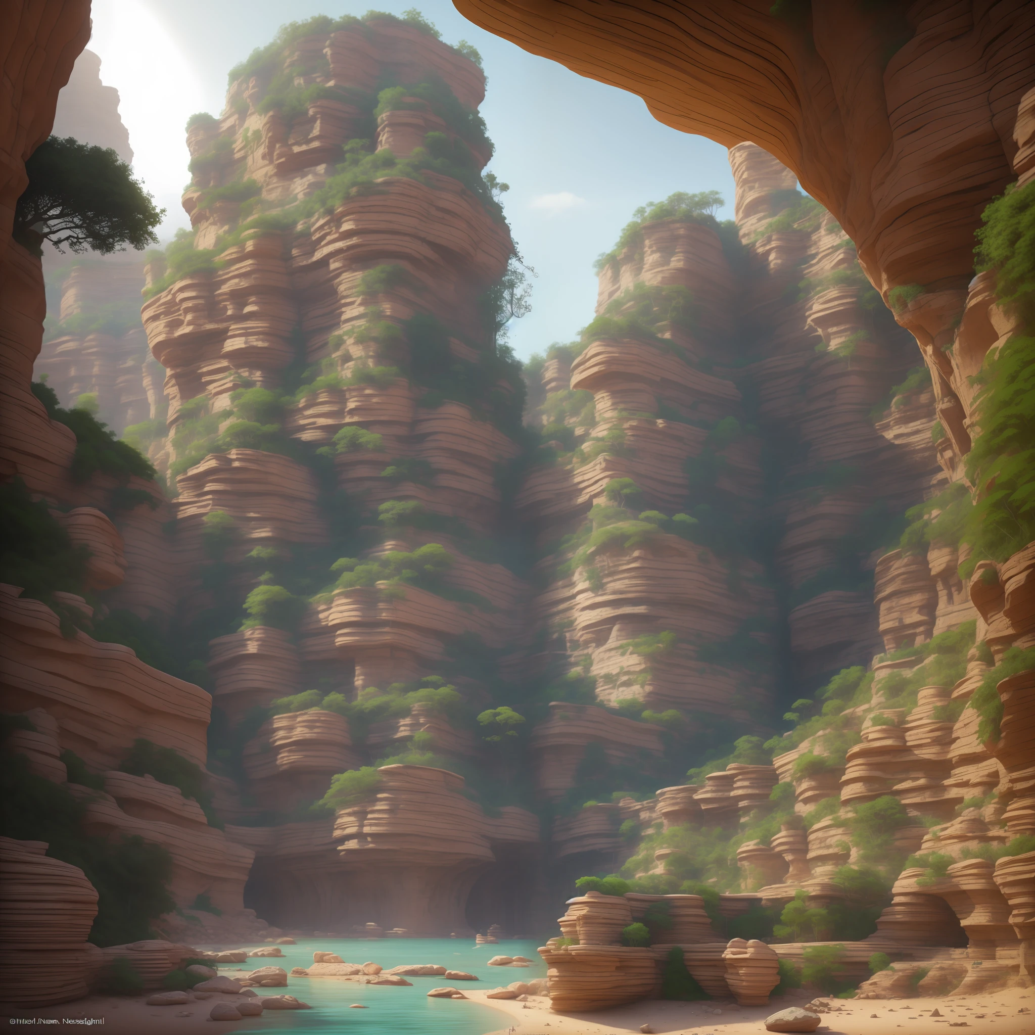 :an awesome sunny cheerful day environment concept art of Futuristic design of cave architecture interiors concept art on grand Canyon caves nature architecture, proportional,detailed, cave architecture nature meets futuristic architecture on a rainforest jungle cliff with huge waterfalls,Crepuscular rays, nature meets modern architecture in the style of Aries Moross, Rem Koolhaas,Daniel Libeskind, Jean Nouvel, Paolo Soleri,Toyo Ito and Philip Johnson with Dry brush drawing style ,Chiaroscuro village,cliff side residential area, mixed development,nature architecture,bright colors,high rise made up staircases, balconies, full of glass facades,carved from rocks, masterpiece, proportional, detailed, trending on artstation, beautiful lighting, realistic, intricate