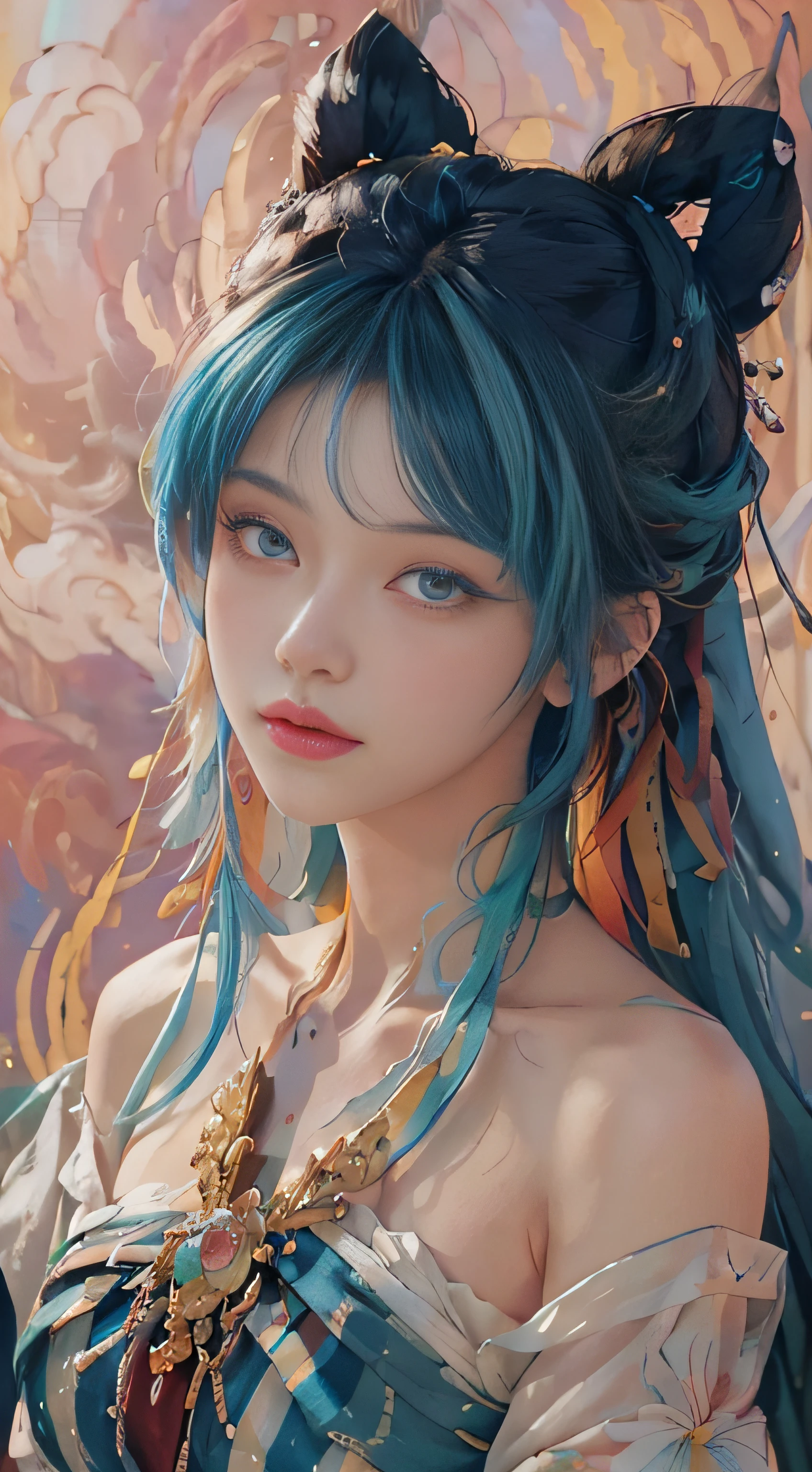 ((((masterpiece))), ((best quality))), ((super detailed)), (illustration), (dynamic angle), ((floating)), (paint), ((loose hair)), (solo), (1girl), (detailed anima face))), ((beautiful detailed face)), ((colored hair)), ((striped hair)), (gradient eyes), (((colored eyes))), (white cloud background))), (((high saturation)))),(((surrounded by colored paint)))((((bandeau)))(((upper body photo)))) ultra-detailed, beautiful and aesthetic, masterpiece, best quality, most beautiful form chaotic, elegant, Fauvist design,