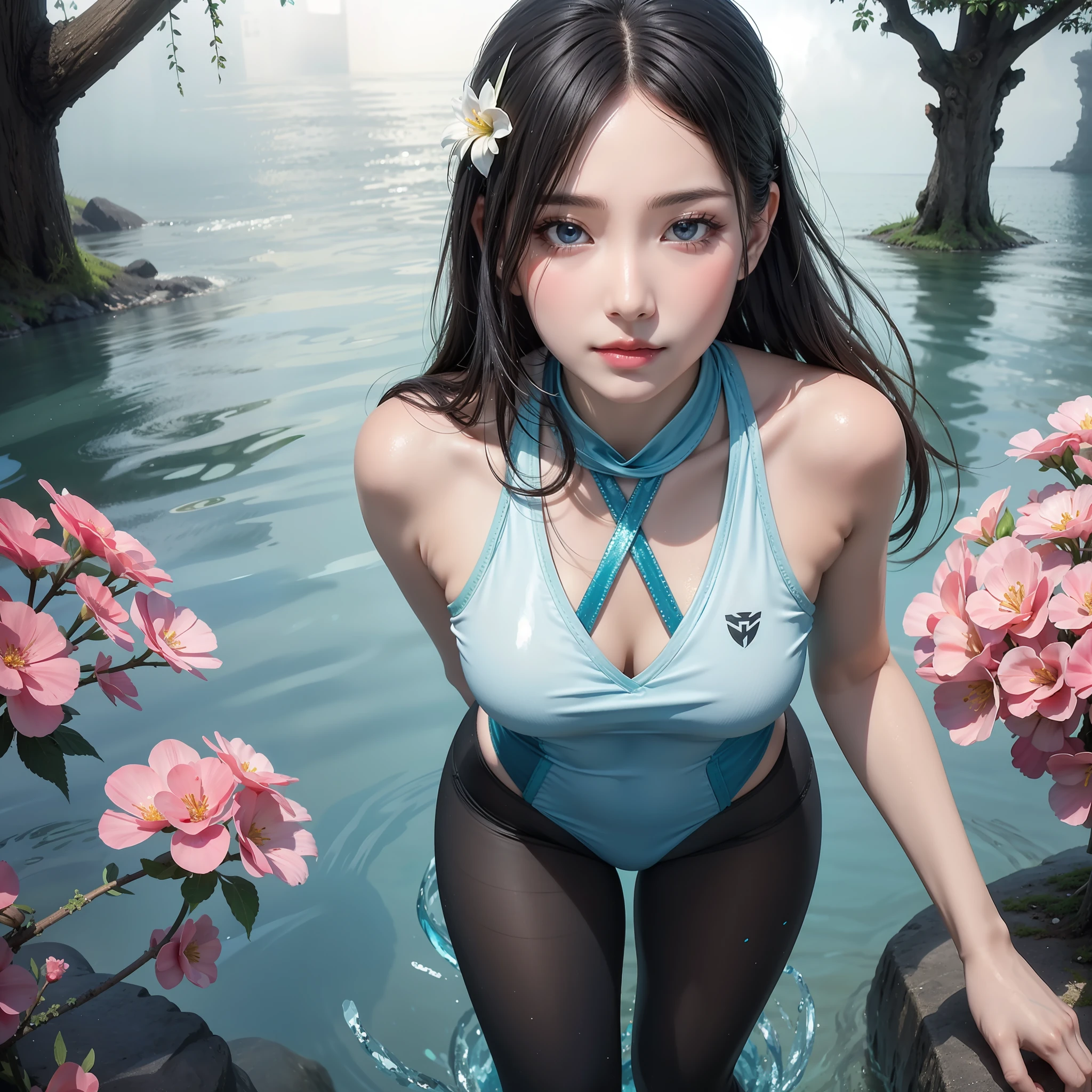 Sparkling lake，Trees overgrow，A hundred flowers argue。
Beautiful girl，Flowing hair and crystal clear lake water，untidy，Flowing，melt，Water mist effect，Elegant blue gradient，intricated，octane rendered，Depth。Graceful，Graceful，Small man's waist，Vest line，Long legs。
Fitted with a suspender pocket，Colorful swimming trunks，Sexy tights。
Detailed eyes，Starry eyes，shiny glistening eyes，incredible detail，Extreme close-up，The ultra-Realistically，muted colors，Baohe style painting，Transparent fragments，air bubbles，Flowing beads，Everything melts and flows，Fractal，8K