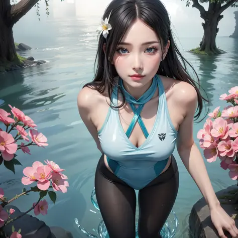 sparkling lake，trees overgrow，a hundred flowers argue。
beautiful girl，flowing hair and crystal clear lake water，untidy，flowing，m...