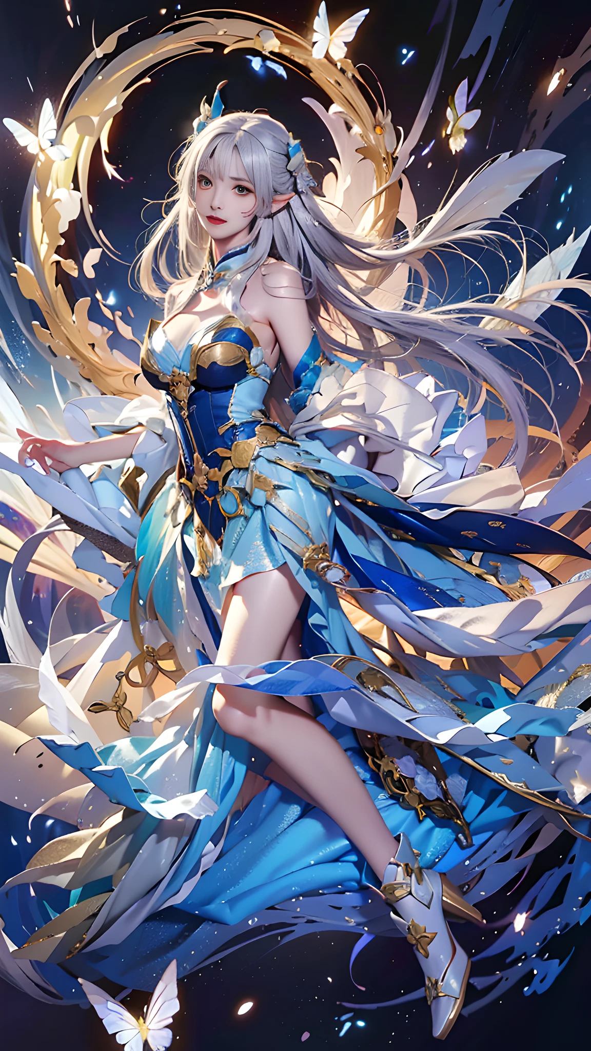 Chica anime con cabello blanco y vestido azul volando por el aire., hermoso mago celestial,Reina elfa de orejas largas，cara lateral，Levanta un poco la cabeza，fantástico，by Yang J, 《GenshinImpacto》en el claro, cushart krenz arte clave femenino, germen artístico extremadamente detallado, hermoso joven espíritu del viento, diosa del anime, arte de anime clave detallado, deidad de pelo blanco, ilustraciones de fantasía de anime, hada astral, hermosa pintura de personajes, hermosas ilustraciones de anime