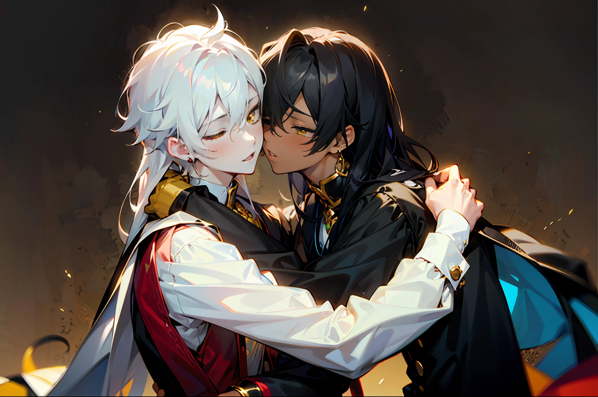 Black hair, (2boys), jewelry, yaoi, multiple boys, male focus, (long hair), earrings, blush, white hair, pale skin, yellow eyes, closed eyes, bishounen, one eye closed, shirt, parted lips, long sleeves, hair between eyes, imminent kiss, hug, innocence, dark skin, dark background, white boy small