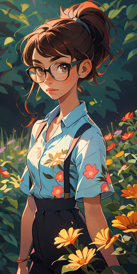 （The Masterpiece，best qulity）， 1girls， fcollarbone， Wave hair， looks at the viewer， Blurring， Complete the whole body， gargantilha， Suspenders， floral prints， pony-tail， freckles， Brown hair， sunrays，Slightly chubby，wearing black frame glasses