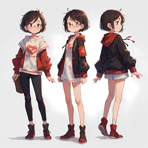 redesign character of red riding hood, anime style, 1 girl, full body, modern, short hair, glasses, mystery, detective, white ba...