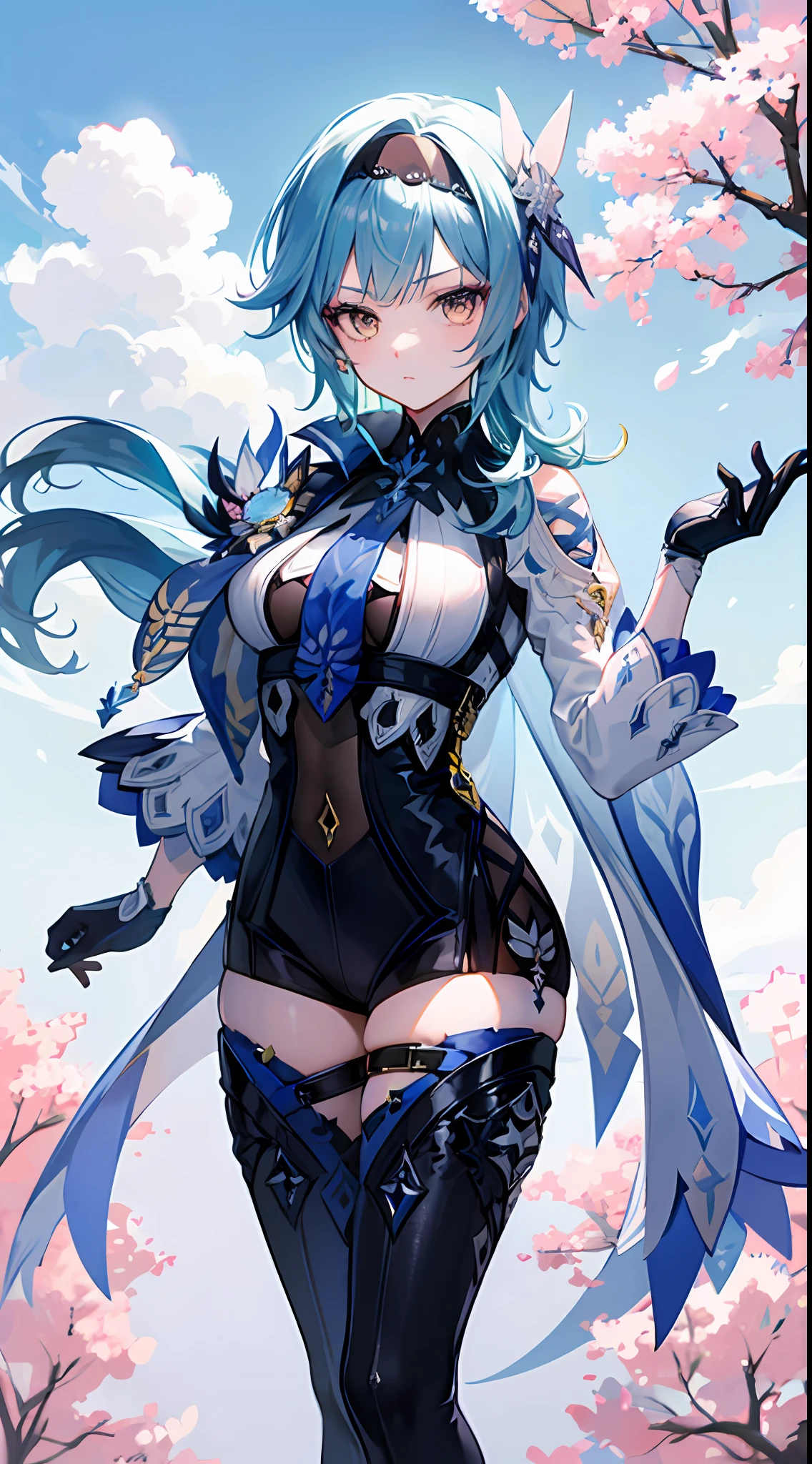 Eula, 1girl, solo, looking at viewer, blue hair, bangs, medium hair, yellow eyes, purple eyes, breasts, large breasts, hairband, hair ornament, black hairband, gloves, necktie, leotard, cape, thighhighs, long sleeves, blue necktie, black gloves, black leotard, thighs, vision (genshin impact), masterpiece, best quality, wind, clouds, sunshine, cherry blossom