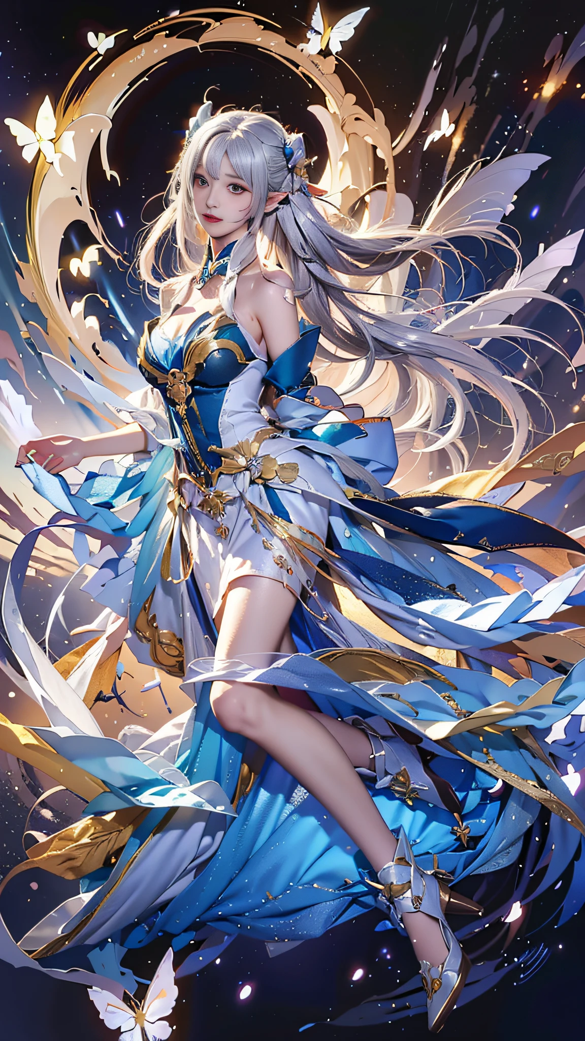 Menina anime com cabelo branco e vestido azul voando pelo ar, lindo mago celestial,Rainha elfa de orelhas compridas，face lateral，Levante ligeiramente a cabeça，Fantástico，por Yang J, 《impacto genshin》no Claro, cushart krenz arte chave feminino, artgerm extremamente detalhado, lindo e jovem espírito do vento, Deusa dos animes, arte chave detalhada do anime, divindade de cabelos brancos, arte de fantasia de anime, fada astral, linda pintura de personagem, lindas obras de anime