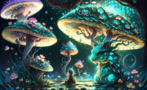 There are two little mushroom gods, who are sitting under a luminous exotic flower, en medio de exuberante naturaleza fresca y a...
