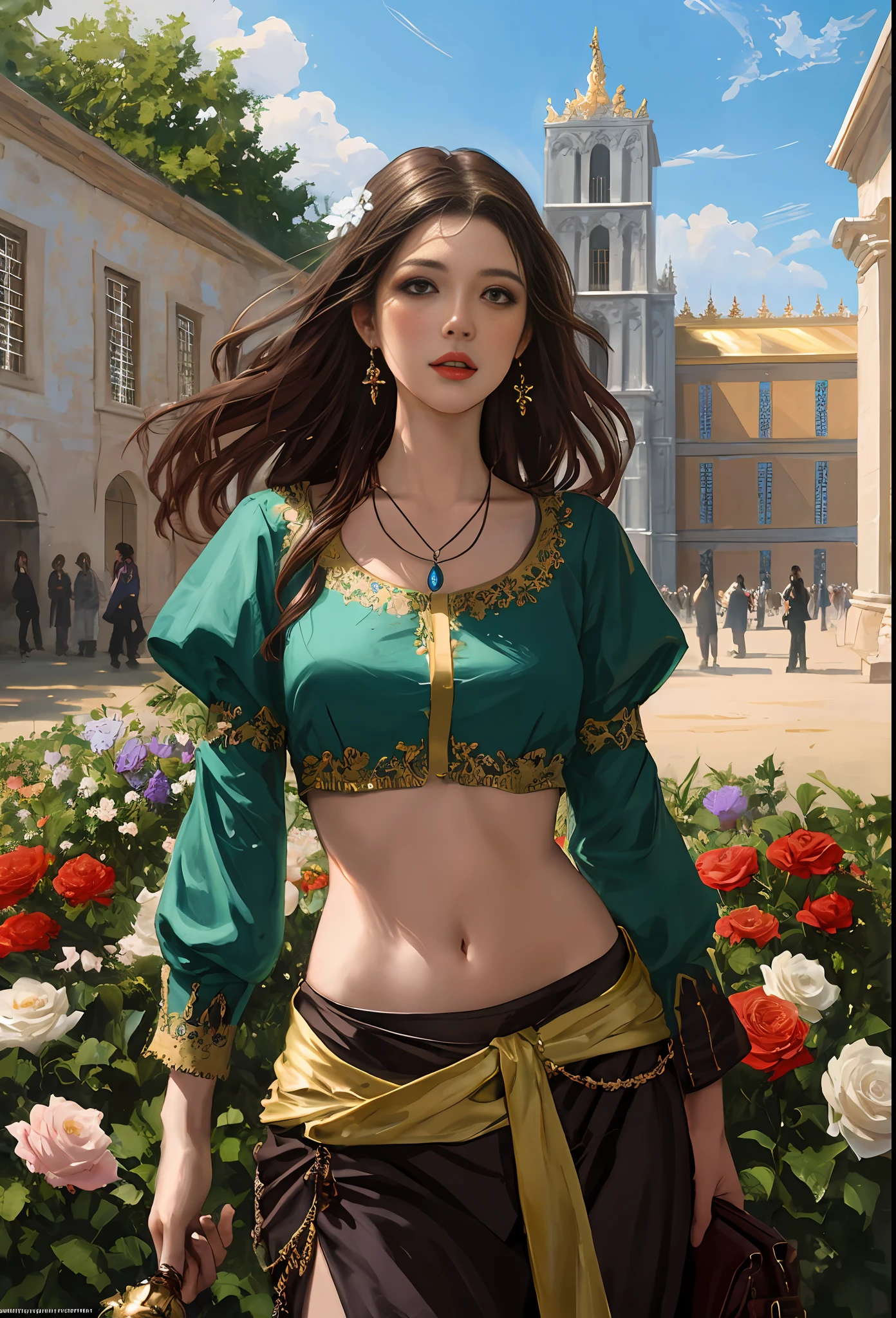 modelshoot style, (extremely detailed CG unity 8k wallpaper), full shot body photo of the most beautiful artwork in the world, stunningly beautiful photo realistic cute women,(Chateau de Versailles, Pisa Baptistery Of St. John background, Flowers,navel,crowd),professional majestic oil painting by Ed Blinkey, Atey Ghailan, Studio Ghibli, by Jeremy Mann, Greg Manchess, Antonio Moro, trending on ArtStation, trending on CGSociety, Intricate, High Detail, Sharp focus, dramatic, photorealistic painting art by midjourney and greg rutkowski