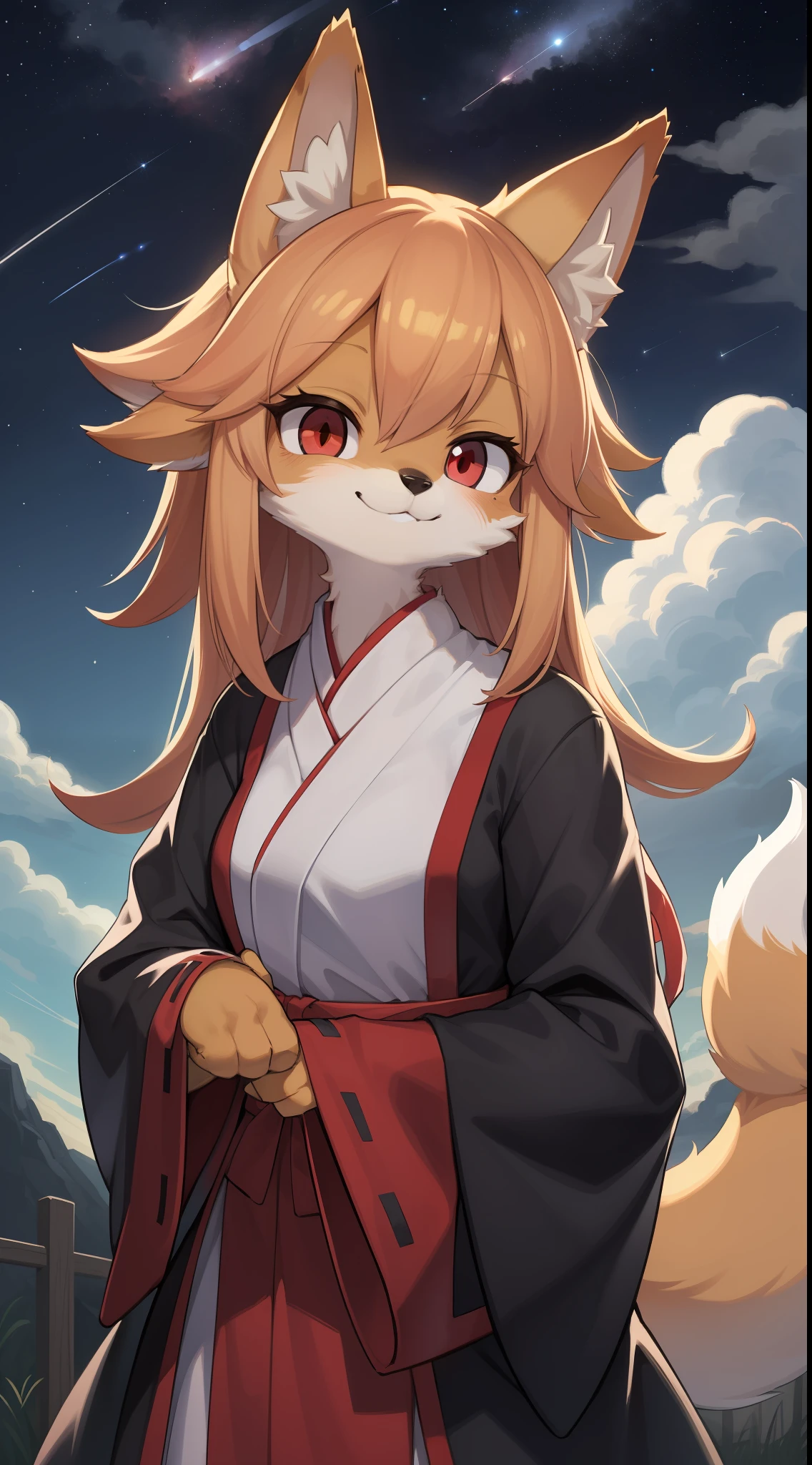 fox girl, furry, furry, golden fur, golden face fur, long hair, red eyes, super cute face, brown elements on fur, miko, beautiful lights and shadows, ambient light, super fine fur, volumetric light, night, clouds and stars in the sky, sky outside starry sky, shooting stars, natural lighting, smile, fluffy tail,