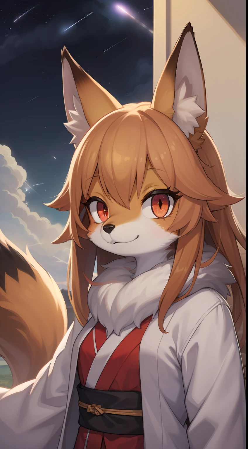 girl fox，was hairy，furry，Golden fur，Golden yellow face fur,long  hair，dilated pupils, glowing eyes，Red eyes，Super cute face，Brown elements on fur，MIKO，Beautiful lights and shadows，Ambient light，Ultra-fine fur，Volumetric light，night,Clouds and stars in the sky,The sky outside is starry ,shooting stars,natural day light，Smile with，Fluffy tail