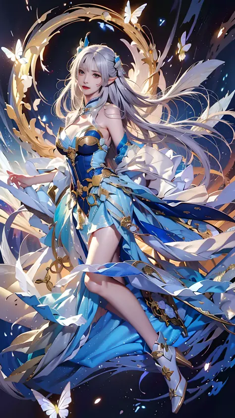 anime girl with white hair and blue dress flying through the air, beautiful celestial mage,Long-eared Elf Queen，Side face，Raise ...