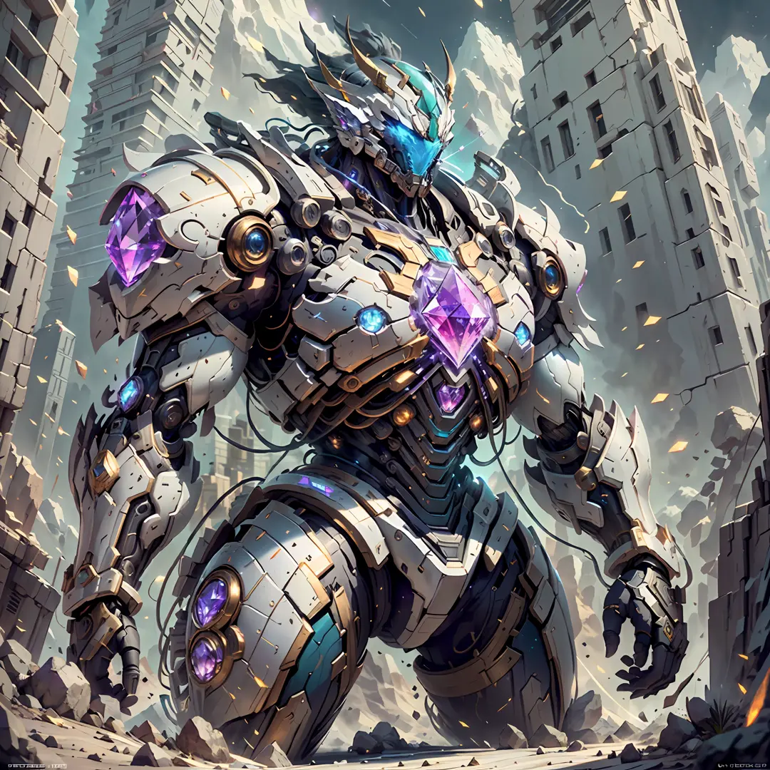Ancient divine beast armor,Fighting posture,giant mecha,(Smooth surface),(Stand at the top of the mountain:1.2)(Overlooking the cyberpunk city),White is the main color，Comes with bright decorative colors such as red and gold。There are powerful thrusters,(c...