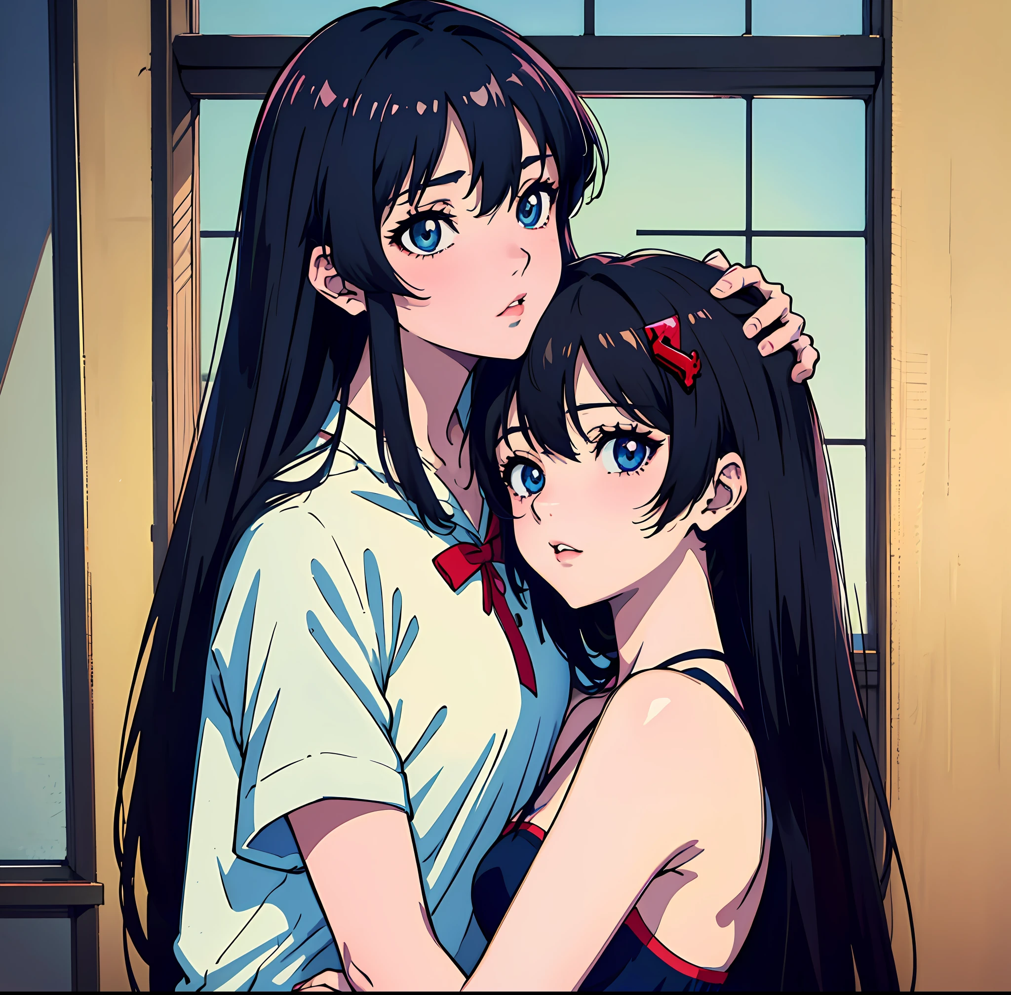 (masterpiece), (best quality), (official art, extremely detailed CG unity 8k wallpaper), (highly detailed), ((absurdres)), (best shadow), (detailed background), (delicate eyes, captivating eyes, complex eyes, detailed eyes, perfect eyes),, a couple of people hugging each other in front of a window, anime vampires, gapmoe yandere grimdark, yandere, gapmoe yandere, kissing together cutely, nightcore, guweiz, mirai nikki, ( ( ( yoshinari yoh ) ) ), ( evangelion ), anime asthetic, visual novel cg
