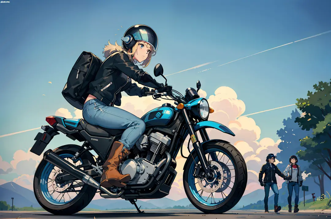 Beautiful highschool girl、touring、Wearing a full-face helmet、Riding jacket、Damaged jeans、Bike Gloves、Engineer Boots、roadside station、Alafed Blue Bike, futuristic suzuki, with a blue background, Blue, yoshimura exhaust, Sky Blue, motorcycle, motorcycle, Mot...