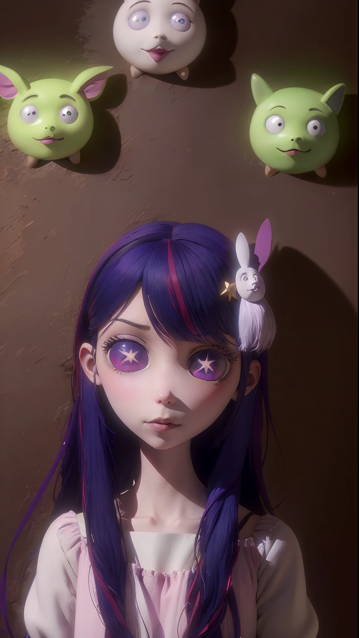 Hoshino Ai, long hair, purple hair, streaked hair ,purple eyes, star-shaped pupils, hair ornament, TimBurton Animation