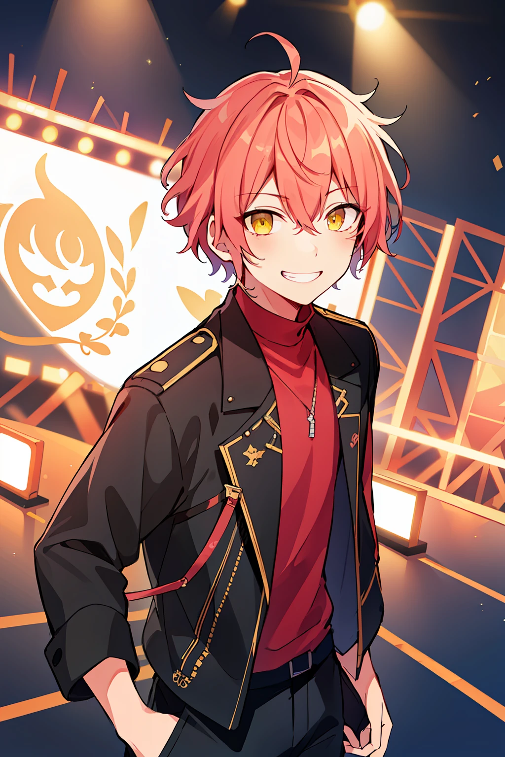(high-quality, breathtaking),(expressive eyes, perfect face), 1boy, male, solo, short, young boy, curly peach pink hair, yellow eyes, grin, black punk outfit, pants, dark stage, dark light