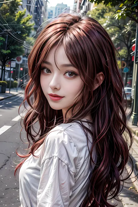 detailed eyes, detailed face, best quality , smile, (facing front) , back, do not looking at viewer, white shirt, sunny day, outdoor, 1girl upperbody, dark purple red chocolate color hair dye, middle way hair, thin hair, middle wave hair, wavy hair, ombre ...