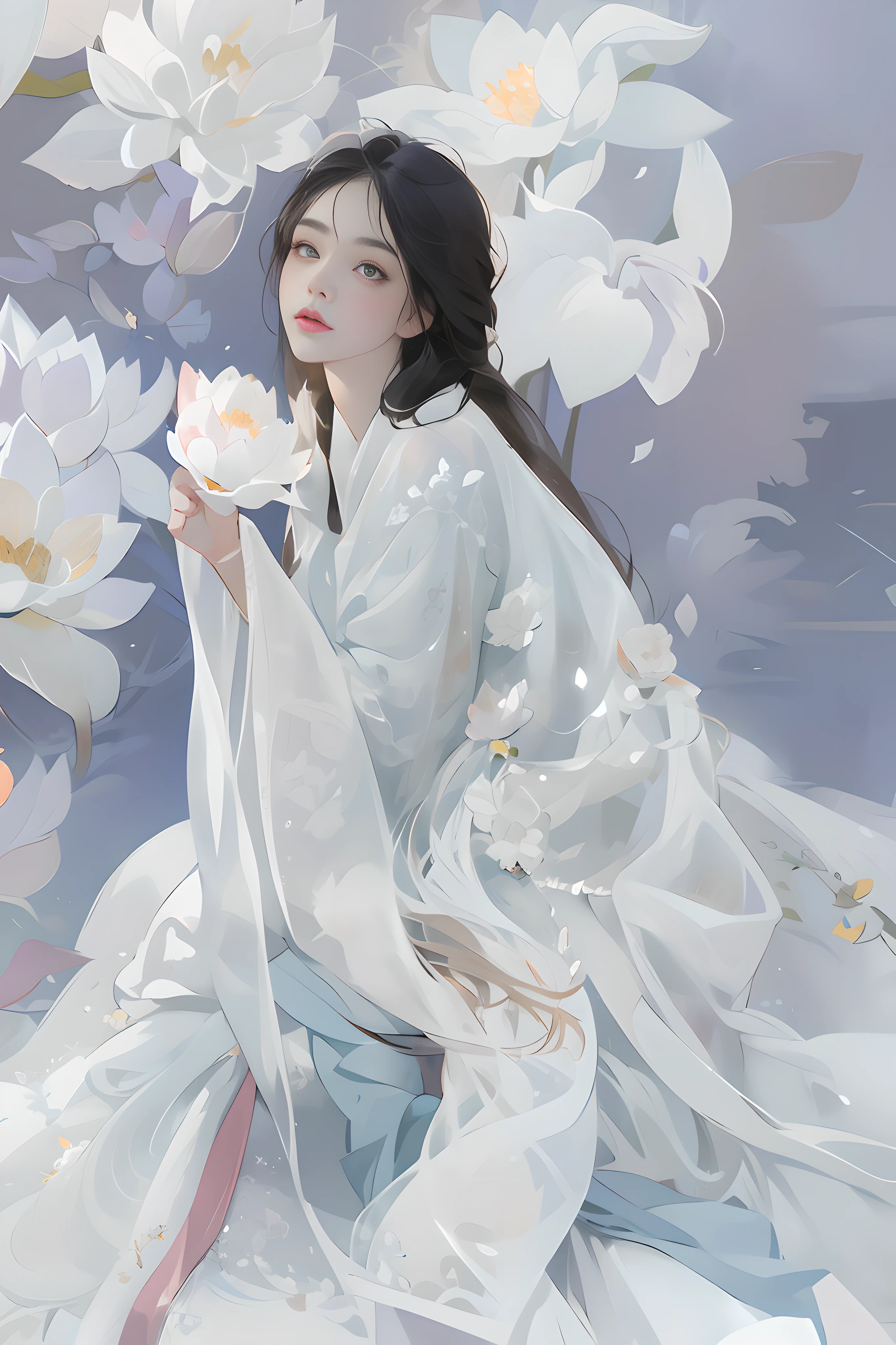 (Masterpiece_1.2), Best quality,Unity 8k wallpaper, hyper detailed, (s fractal art: 1.2), アニメ, CG, 1girls, Black hair, Bouquet, Brown eyes, flowers background, flower, holding flower, Lips, Long hair, lotus, Realistic, solo, white roses, white theme,