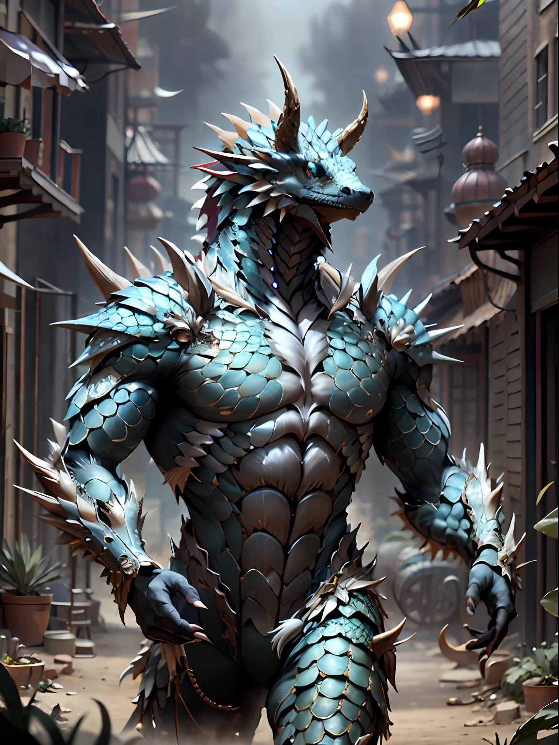 IA de l’écaille de dragon，L’armure humanoïde du dragon possède des gens，Un désert，anatomie correcte，